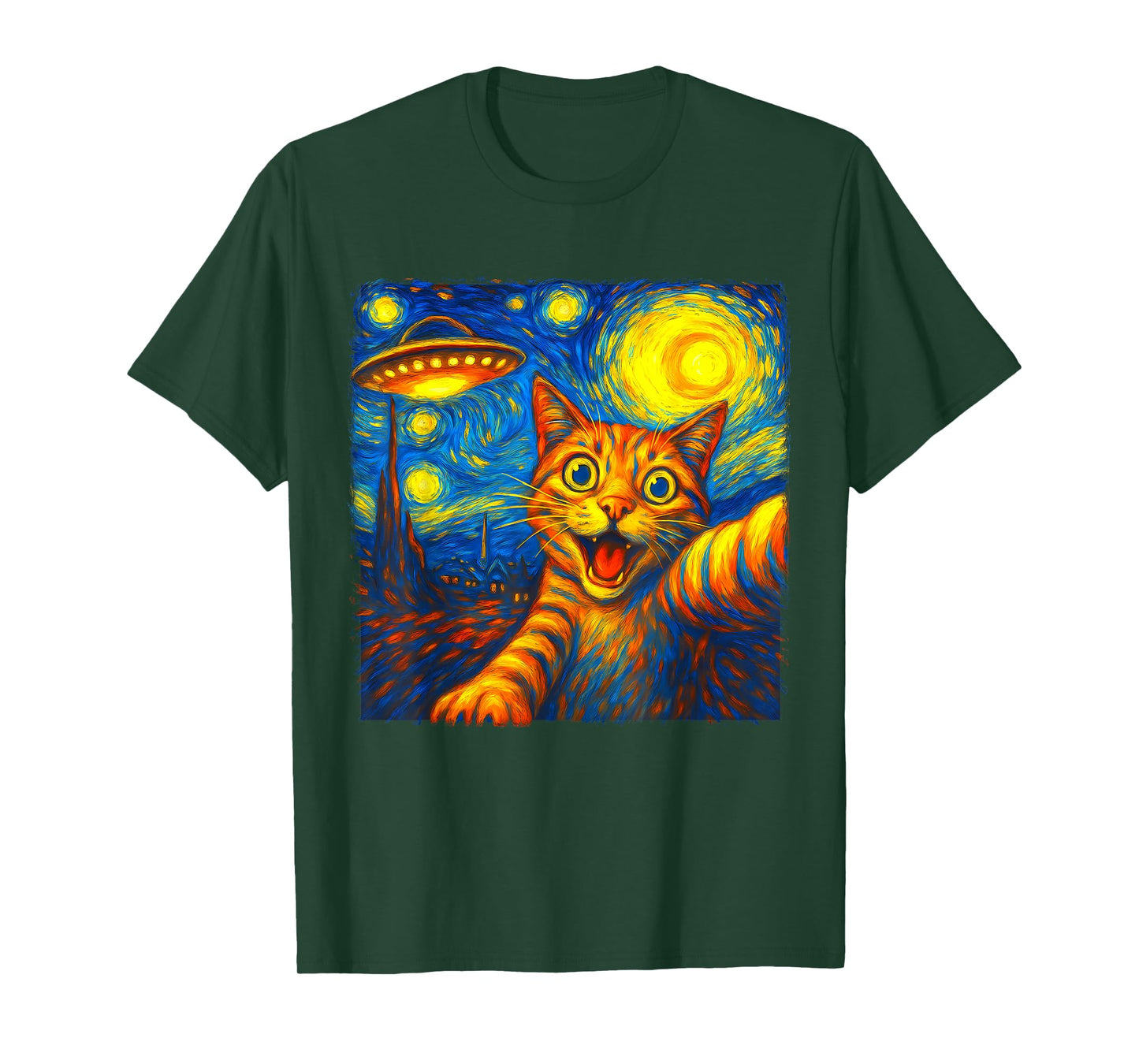 Cat Selfie With Alien UFO Funny Starry Night Van Gogh J T-Shirt