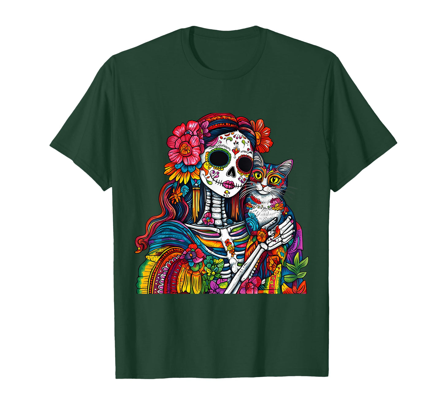 Cute Da De Los Muertos Cat Skeleton Sugar Skull T-Shirt