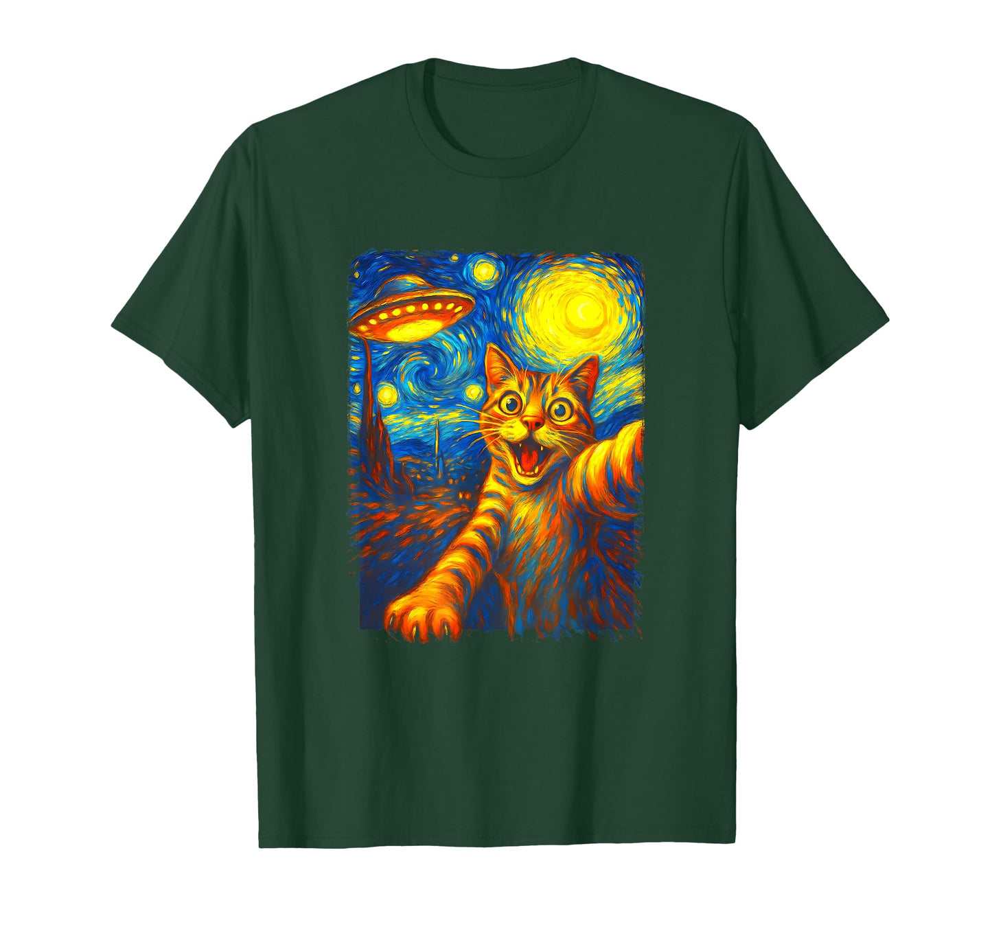 Cat Selfie With Alien UFO Funny Starry Night Van Gogh T-Shirt for Men Women Kids