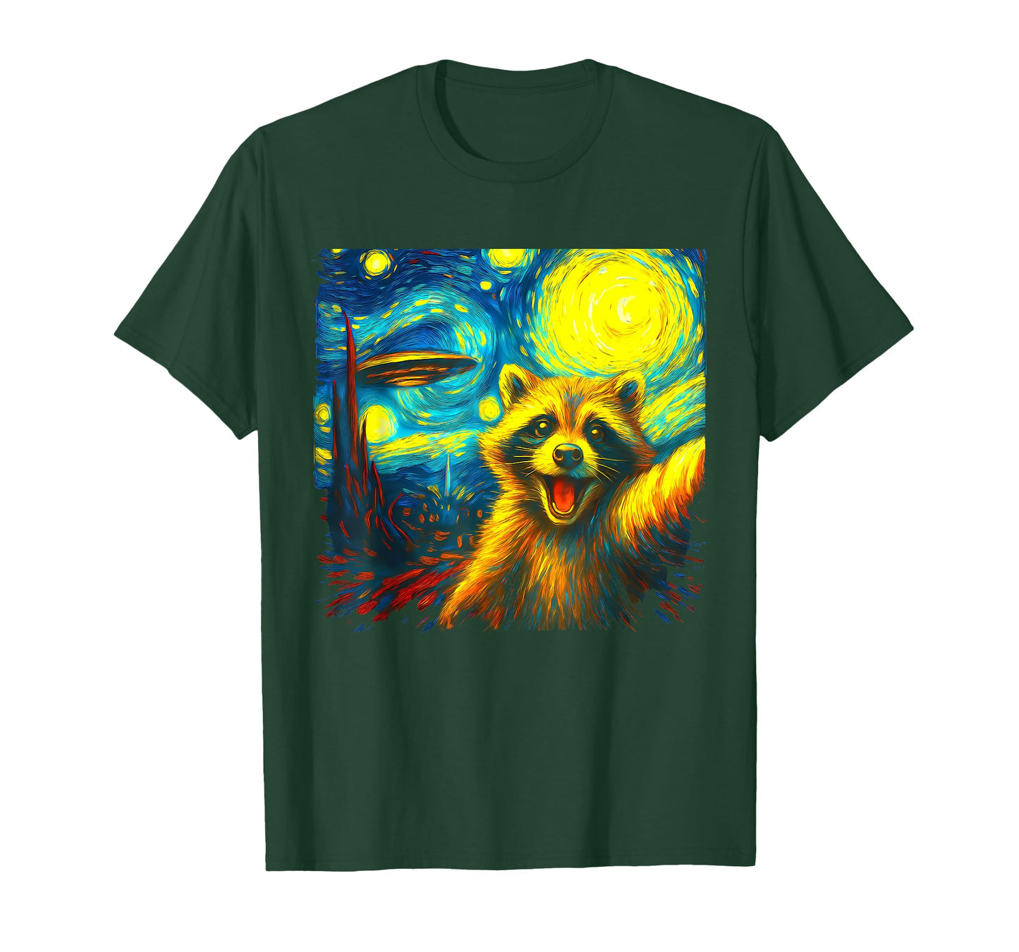 Raccoon Selfie With Alien UFO Funny Starry Night Van Gogh T-Shirt
