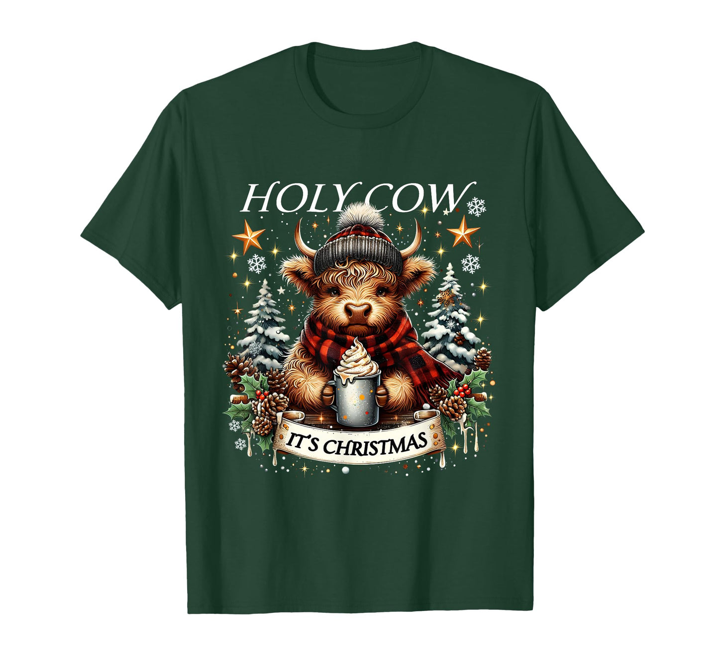 Holy Cow It’s Christmas Funny Cozy Farm Design HighlandCow T-Shirt