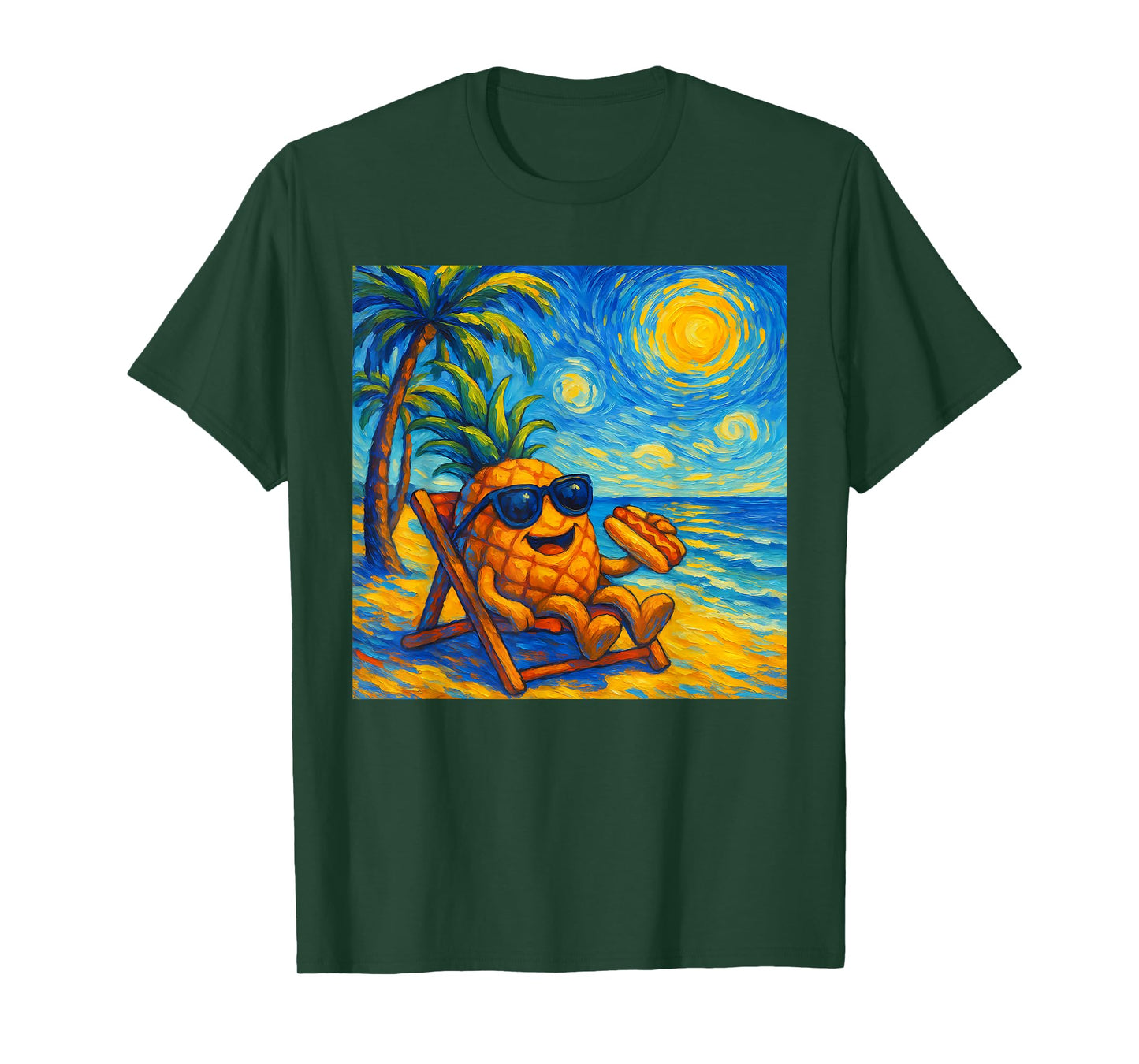 Pineapple Eating Hotdogs Van Gogh Art Funny Beach Summer T-Shirt