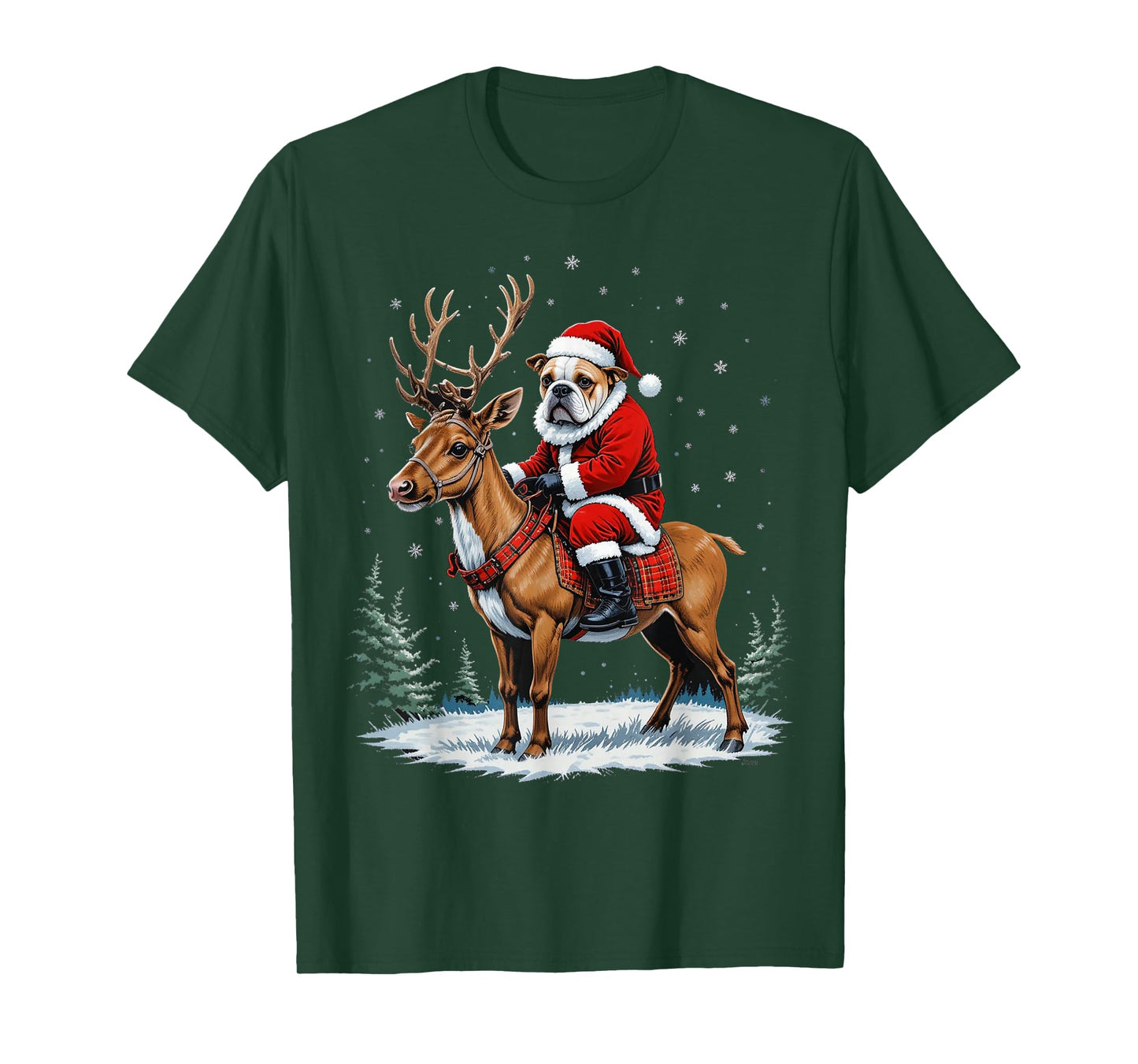 Bulldog Santa Riding Reindeer Christmas Holiday T-Shirt