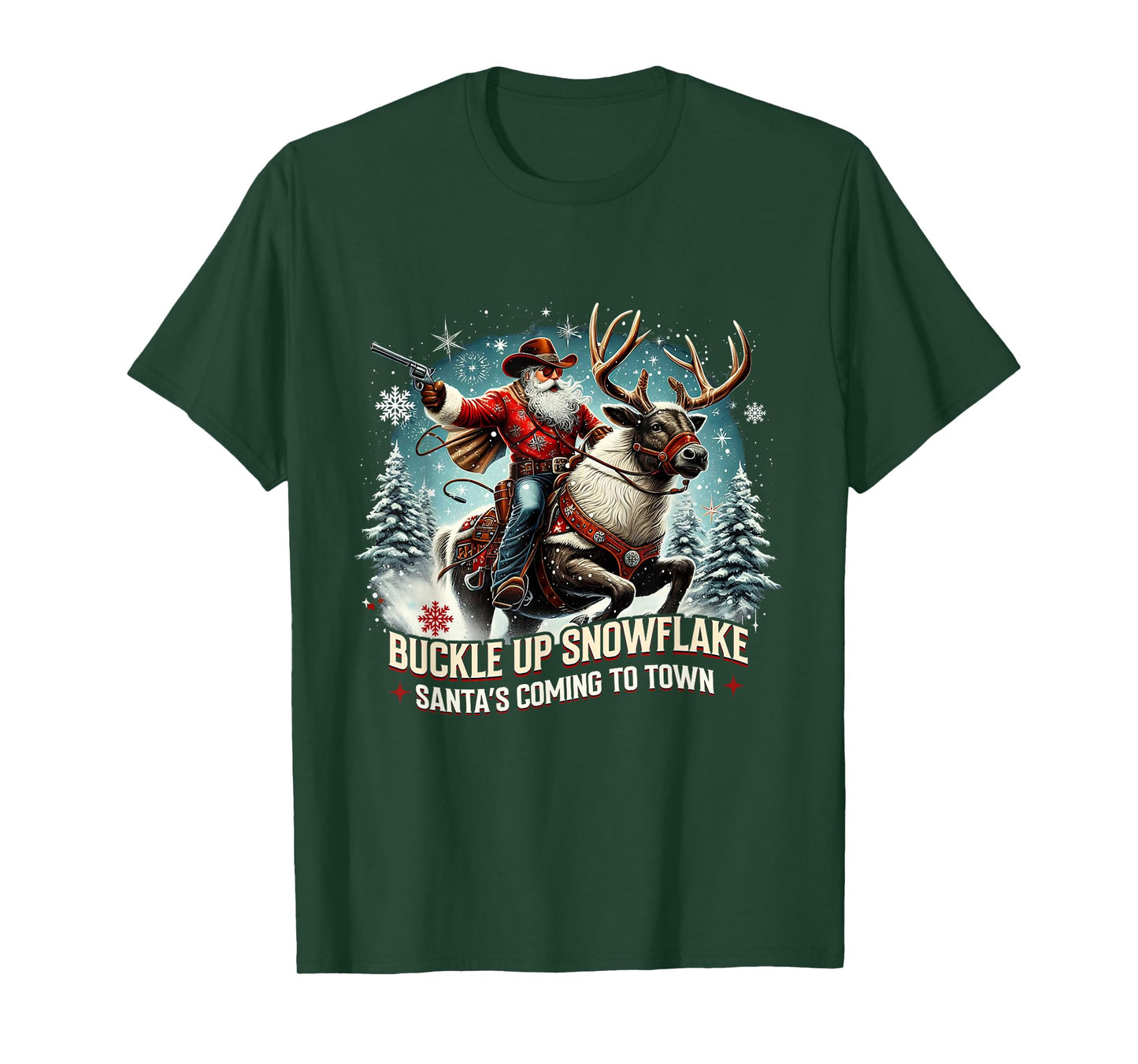 Buckle Up Snowflake Funny Cowboy Santa Design T-Shirt