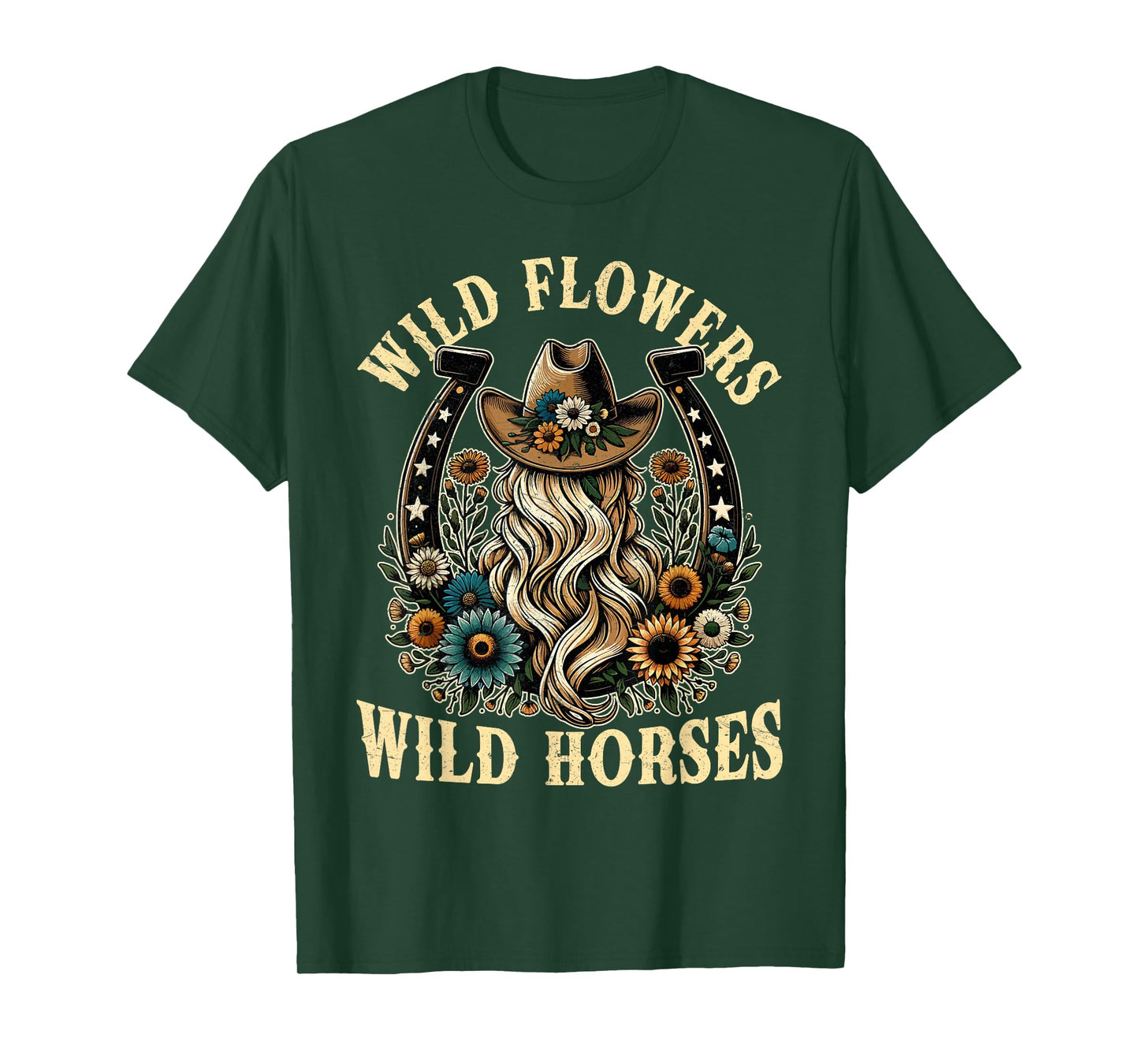 Retro Southern Sunset Cowgirl Wild Flowers - Wild Horses T-Shirt