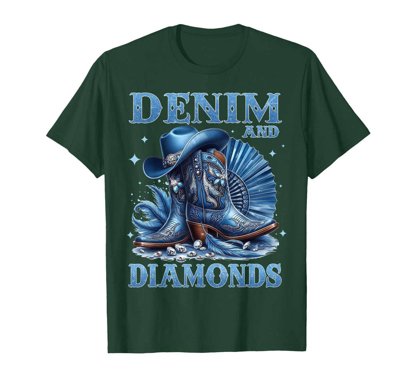 Country Western Cowboy Cowgirl Boots Hat Denim and Diamonds T-Shirt