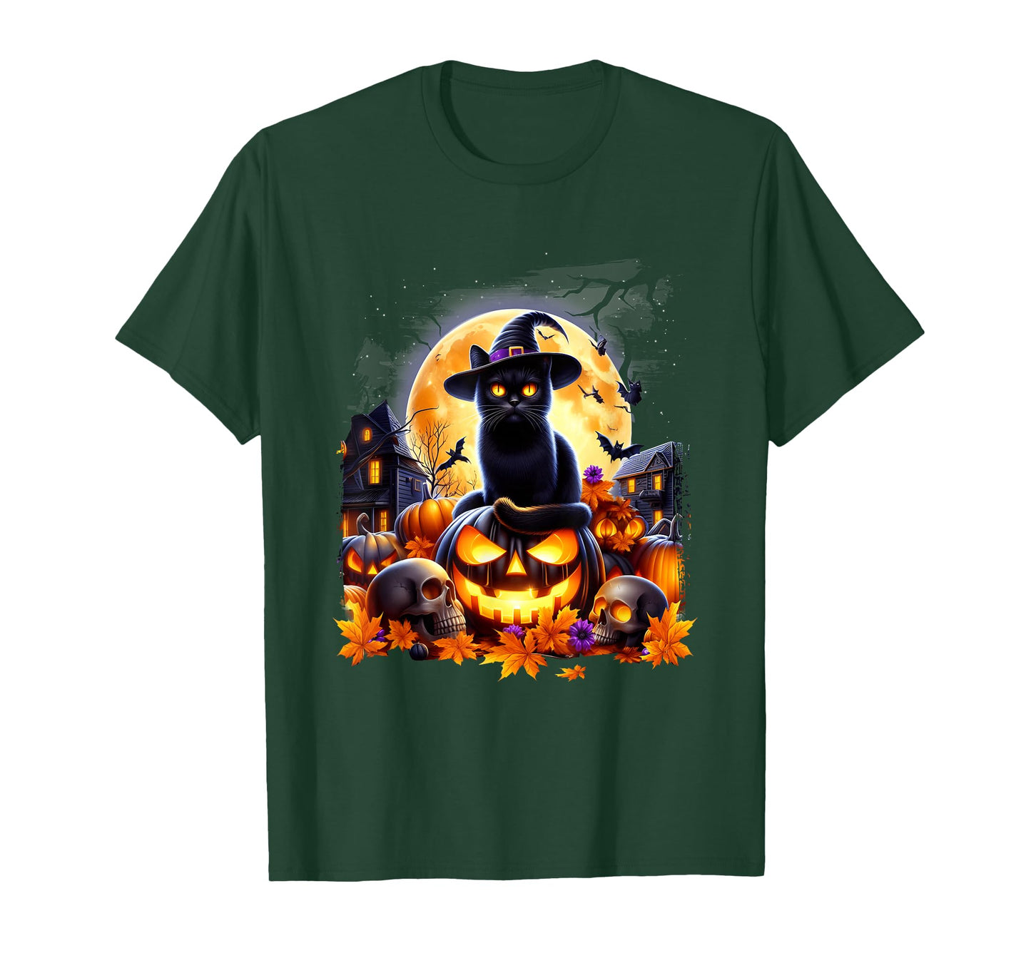 Halloween Black Cat Pumpkins Skulls HauntedHouse Under Moon T-Shirt