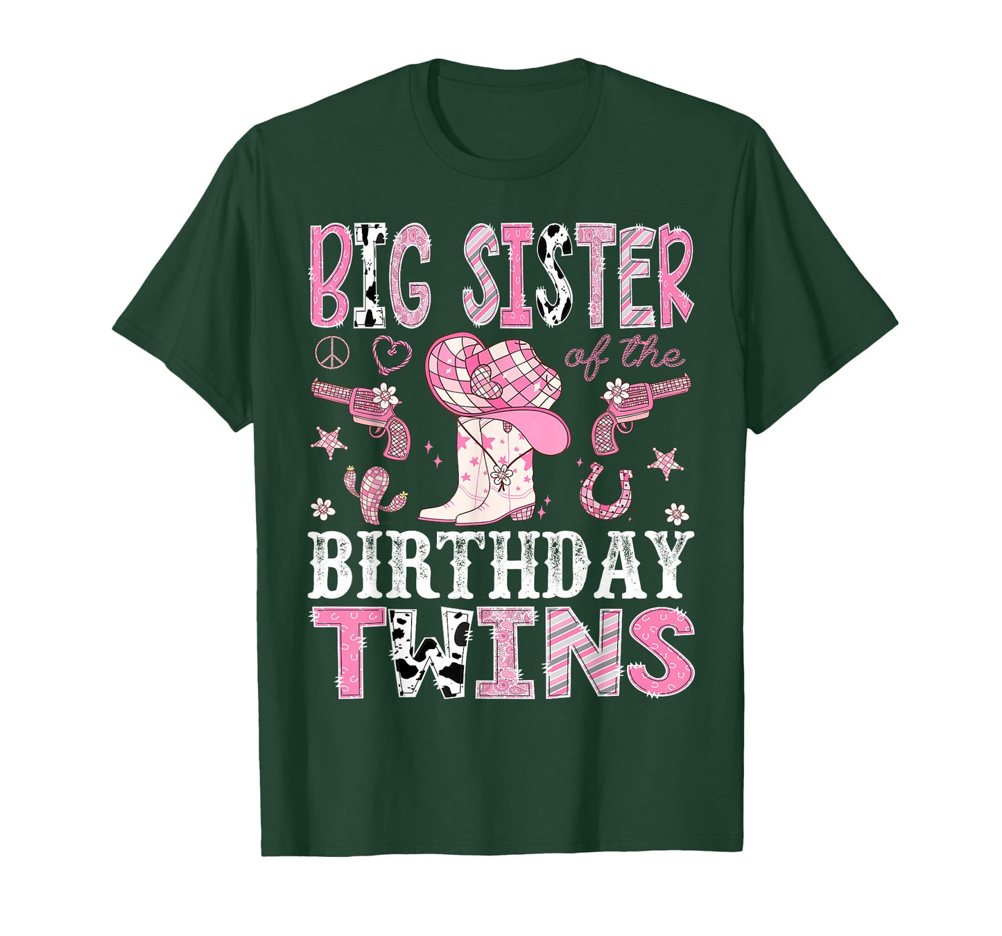 Big Sister of The Birthday Twins Pink Rodeo Cowgirl Western T-Shirt