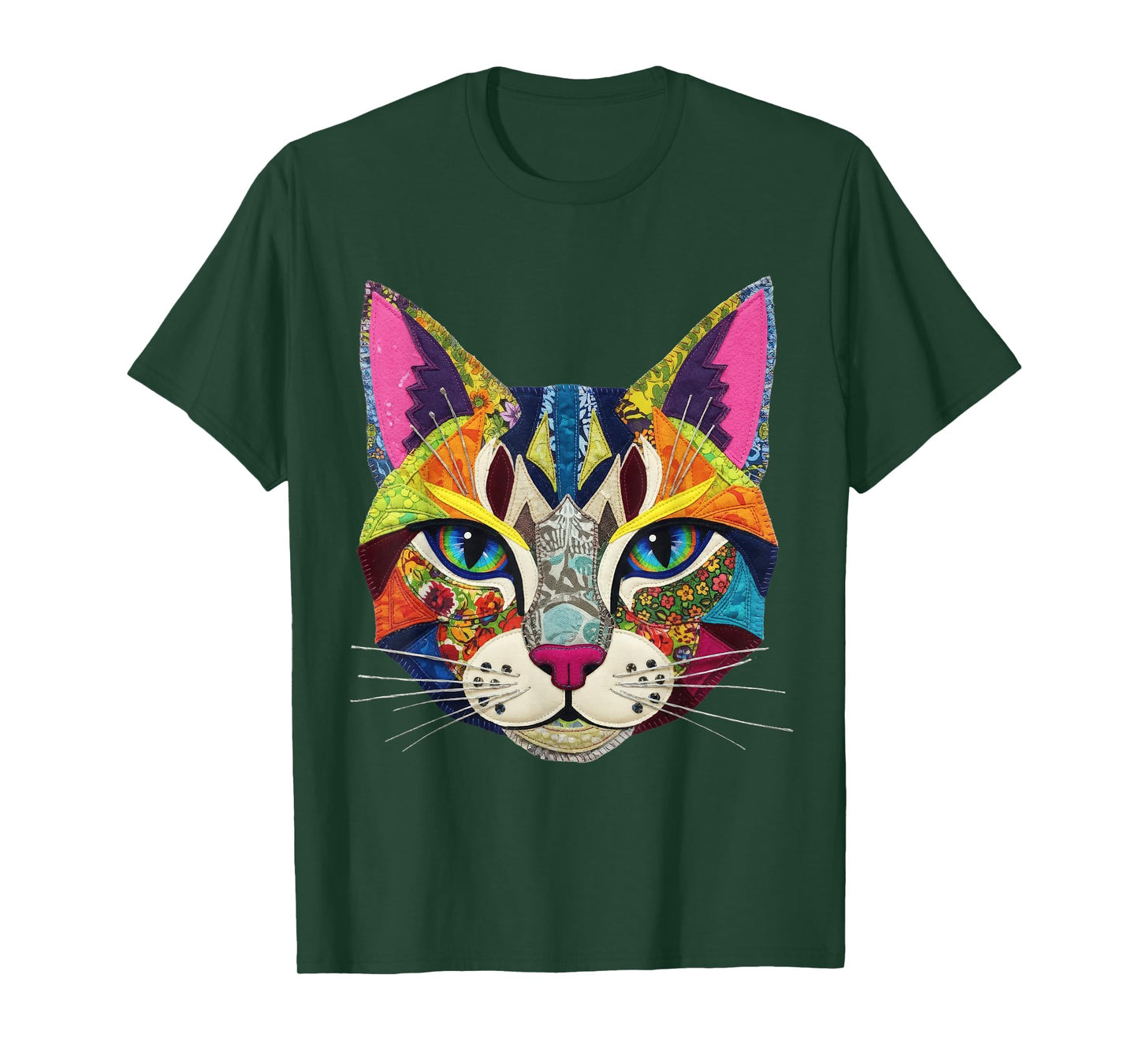 Vibrant Colorful Fake Patch Style Cat Art Lover T-Shirt