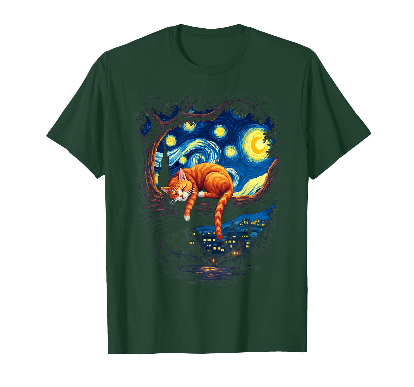 Van Gogh Starry Night Funny Cat Moonlit Scene Cat Lovers T-Shirt