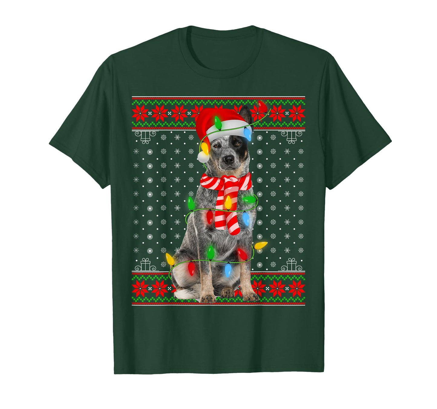 Ugly Xmas Dog Lights Santa Hat Blue Heeler Dog Christmas T-Shirt