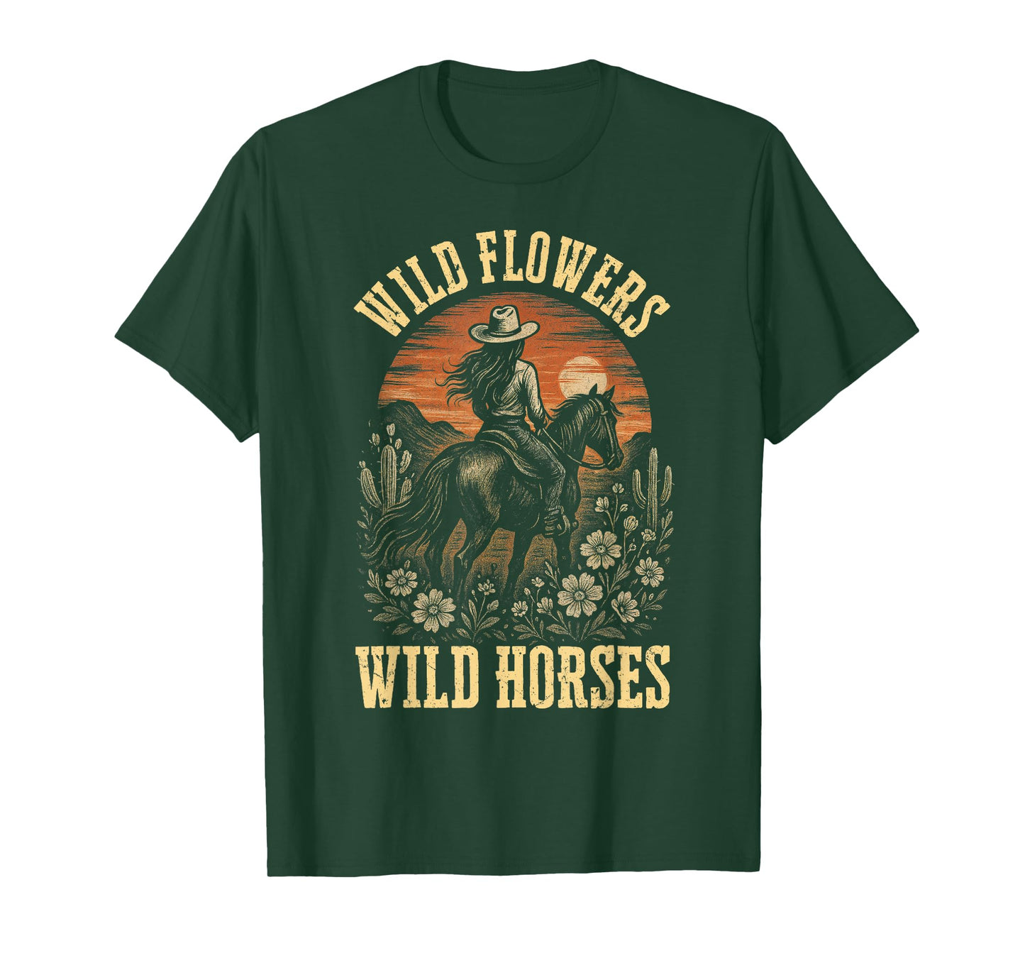 Retro Southern Sunset Wild Cowgirl Flowers - Wild Horses T-Shirt