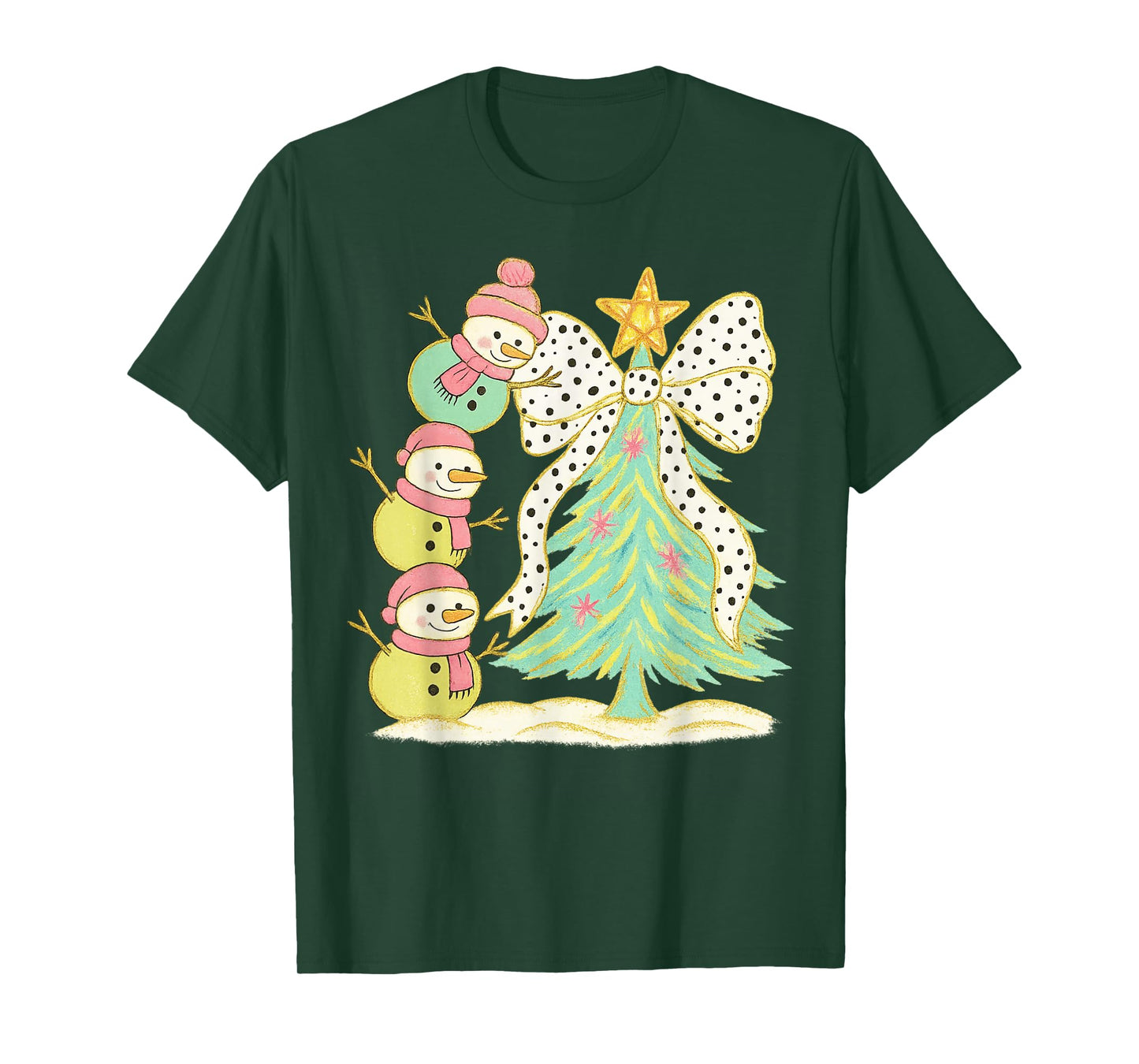 Preppy Coquette Christmas Snowm 2025 Funny Family Matching T-Shirt