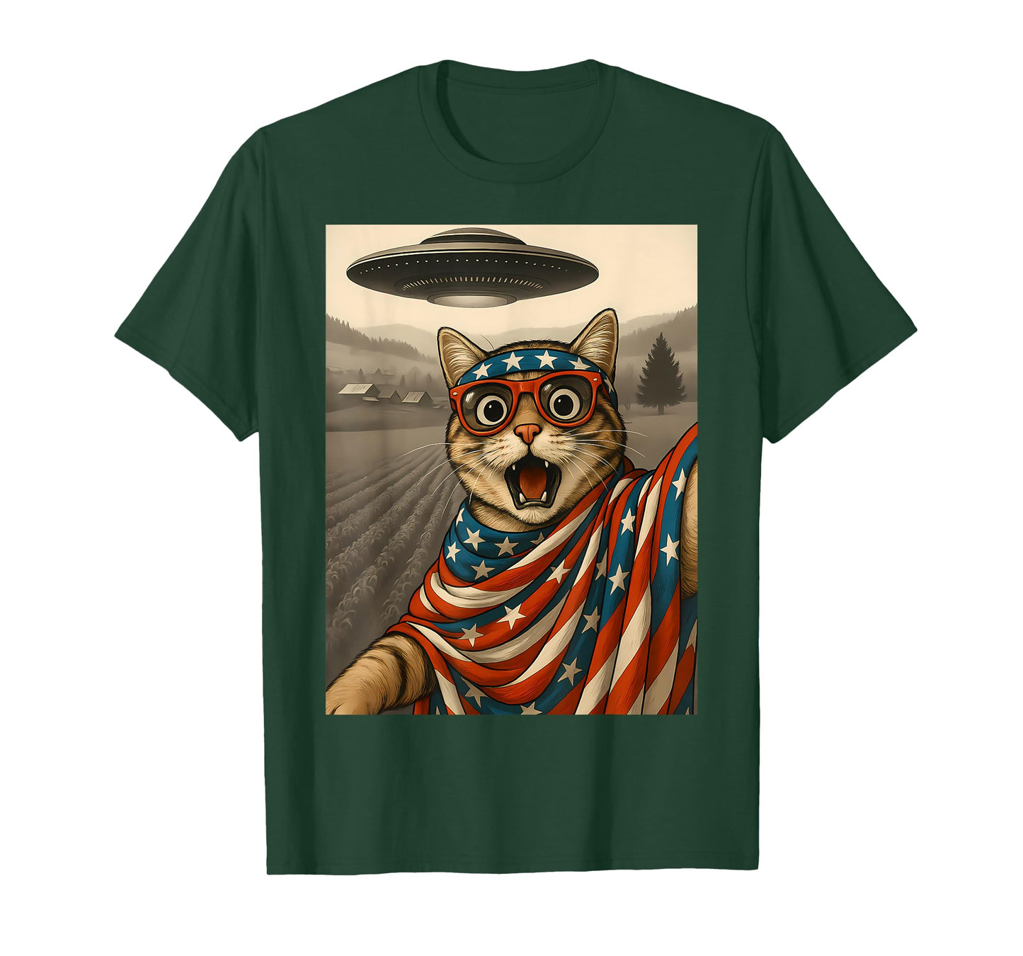 Cat Selfie With Alien UFO Funny 4th Of July Happy Patriotic Men Women Kids T-Shirt