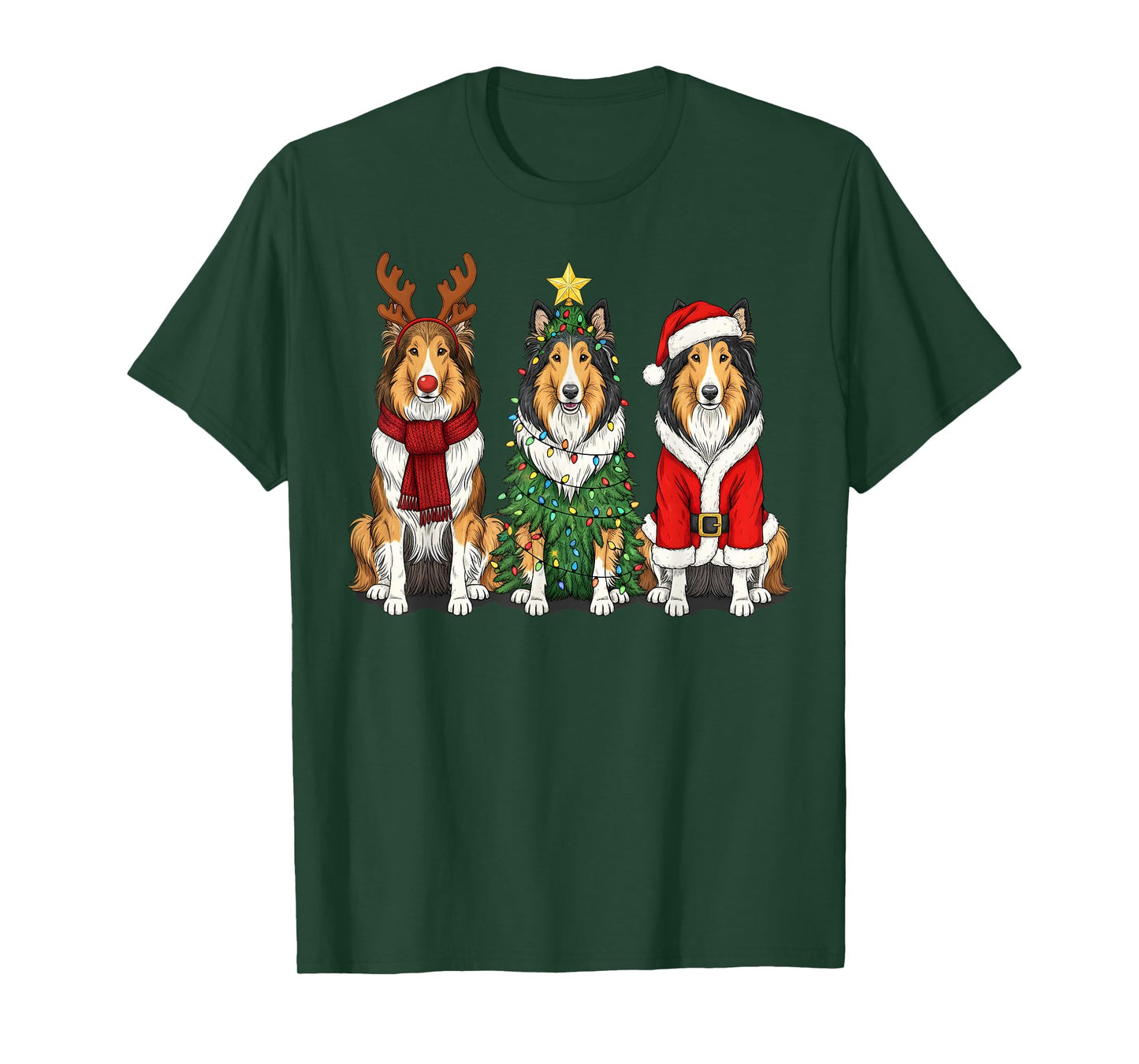 Retro Christmas Rough Collie Santa Reindeer Dog Lover T-Shirt