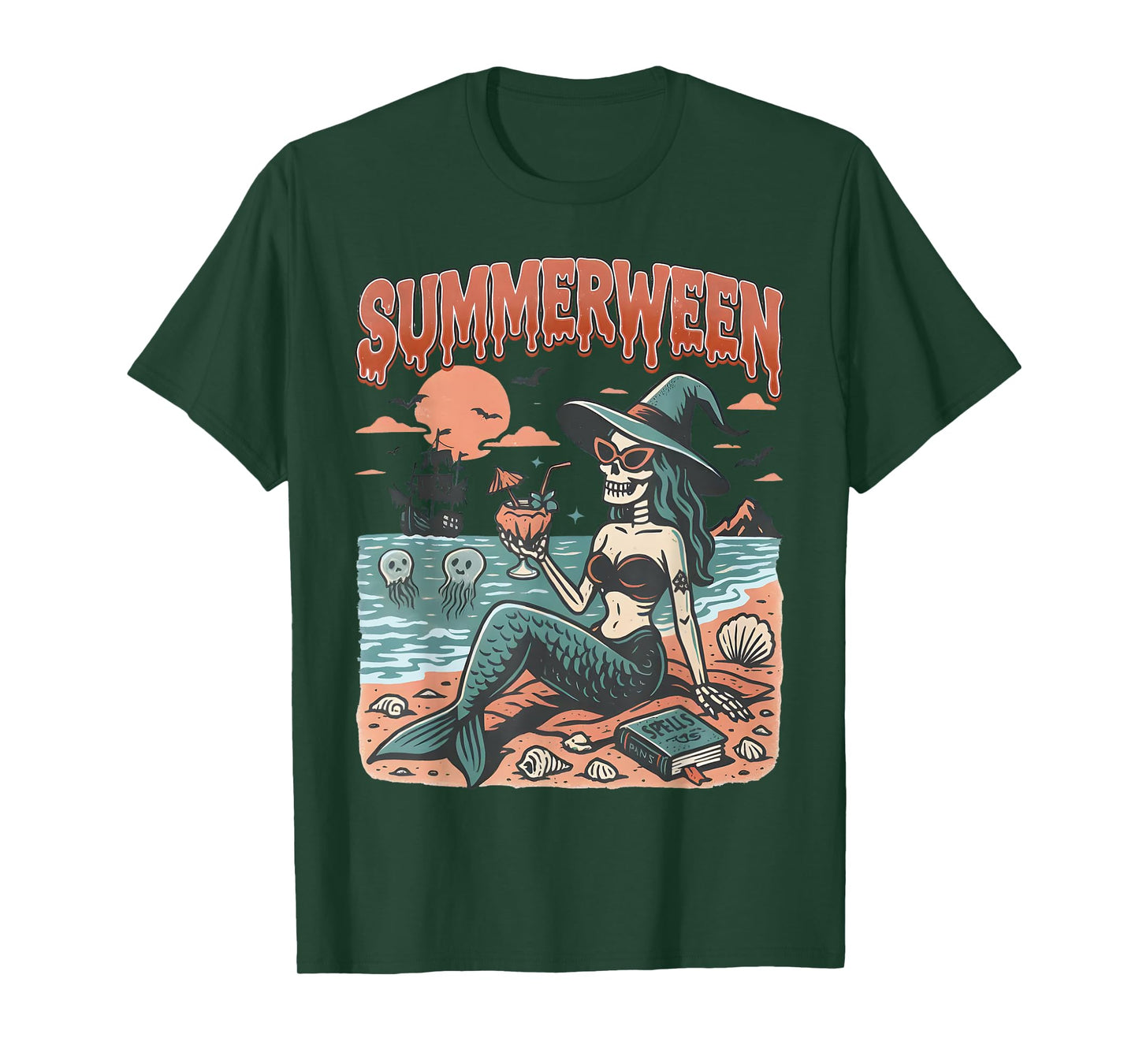 Summerween Mermaid Skeleton Beach Flamingo Halloween Girl T-Shirt