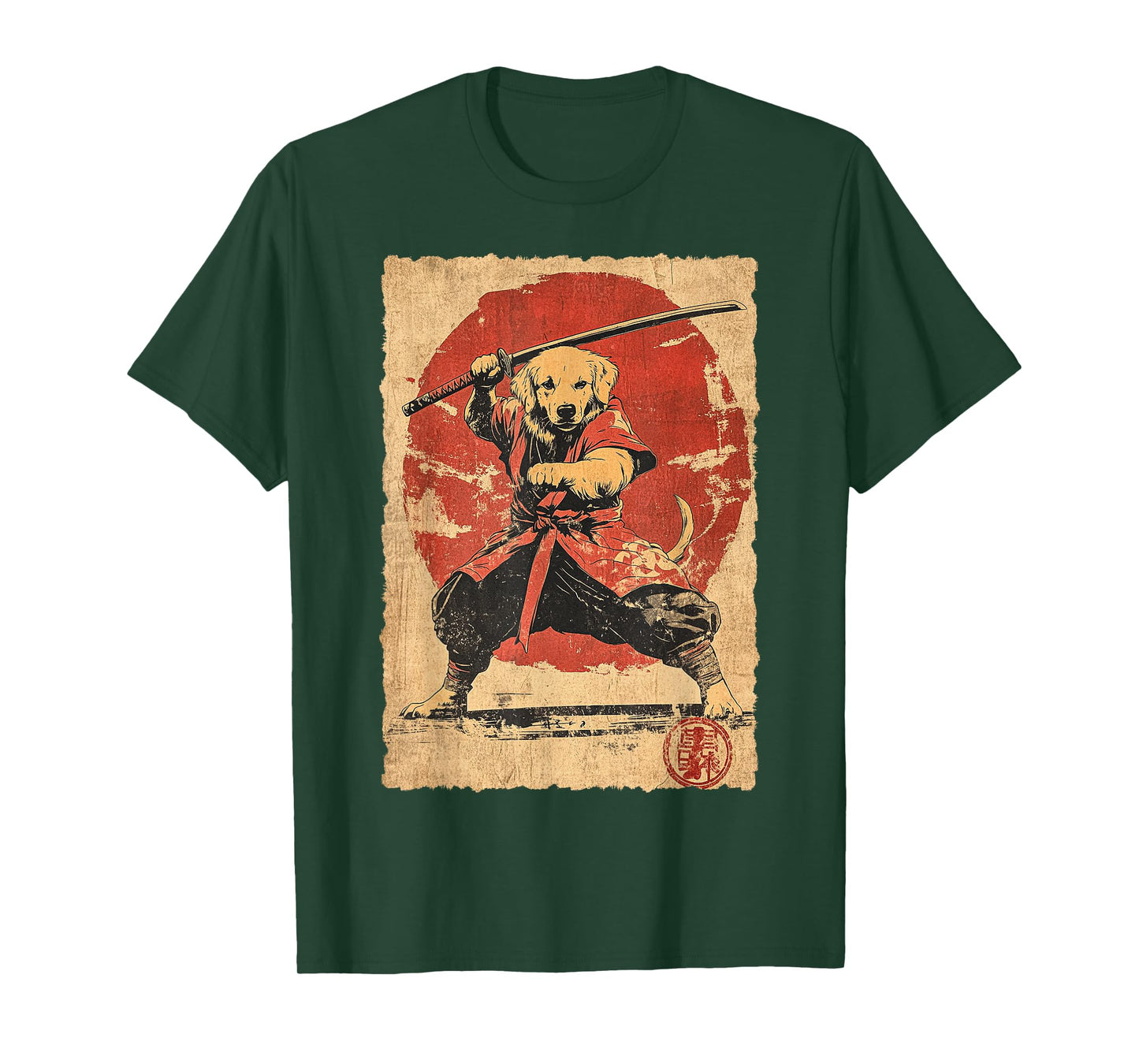 Vintage Japanese Art Golden Retriever Ninja Samurai Warrior T-Shirt