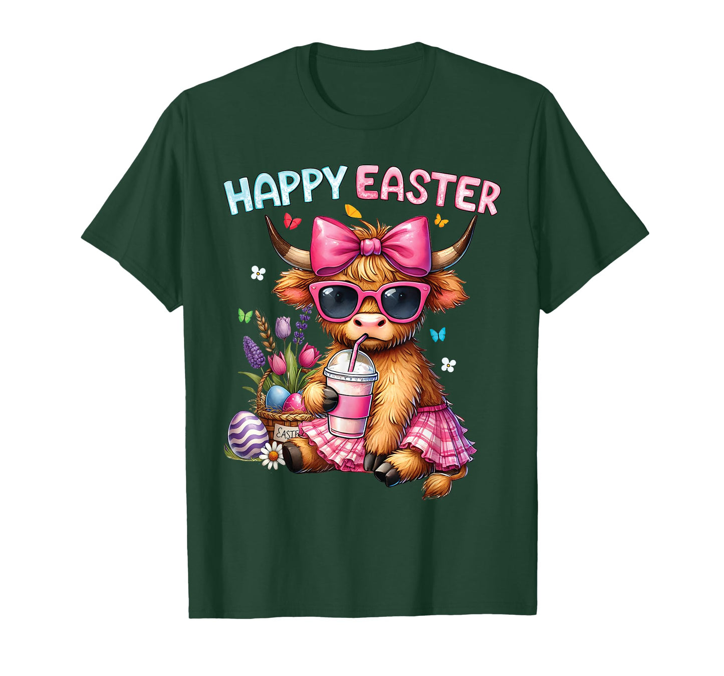 Happy Easter Day Highland Cow Cute Easter Bunny Women Kids T-Shirt