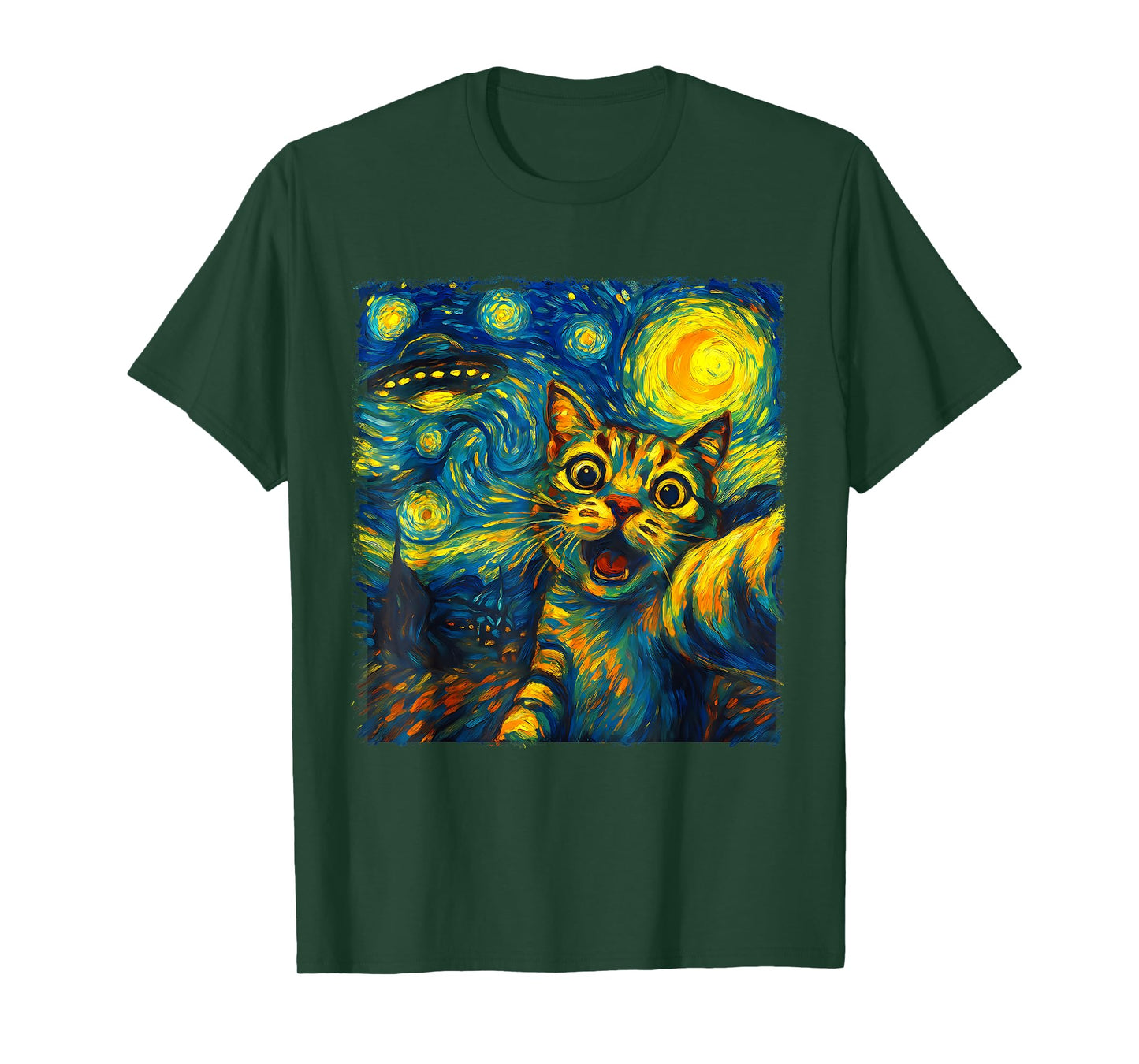 Cat Selfie With Alien UFO Funny Starry Night Van Gogh Men Women Kids T-Shirt