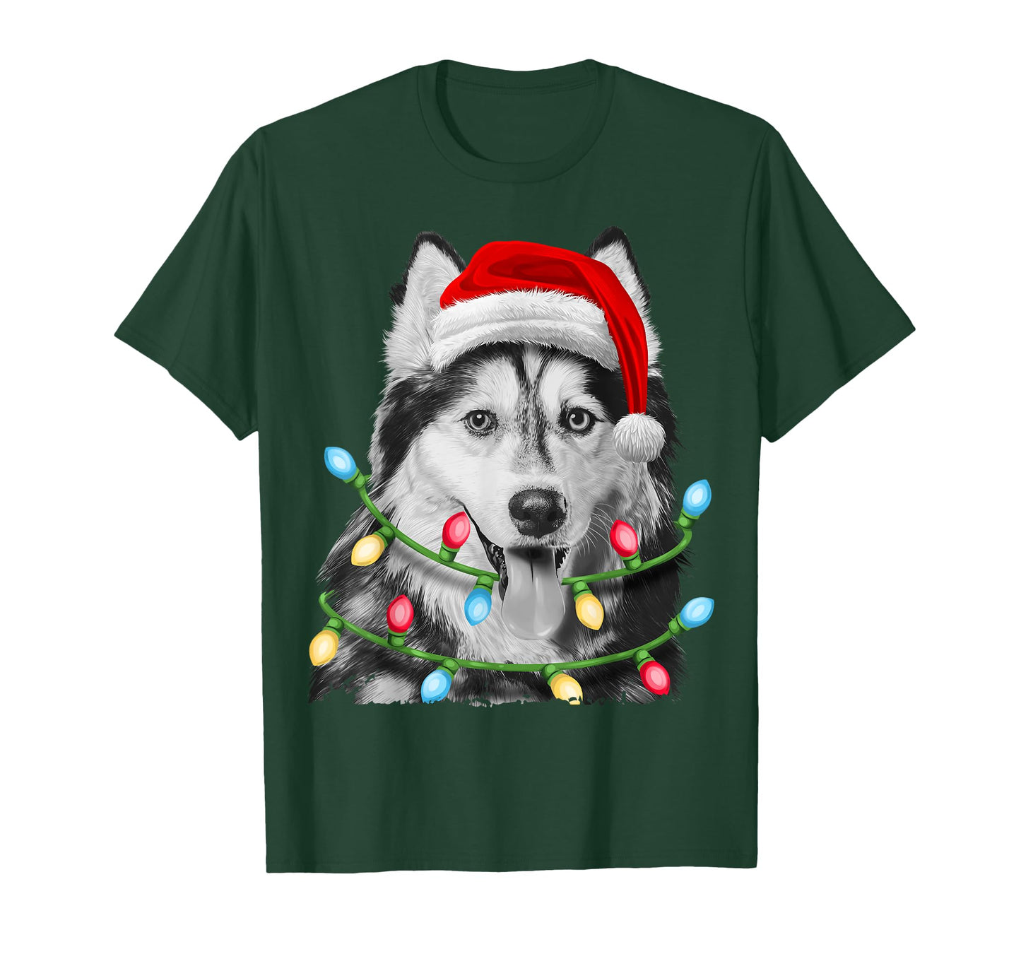 Siberian Husky Santa Christmas Tree Lights Xmas Boys Dog T-Shirt