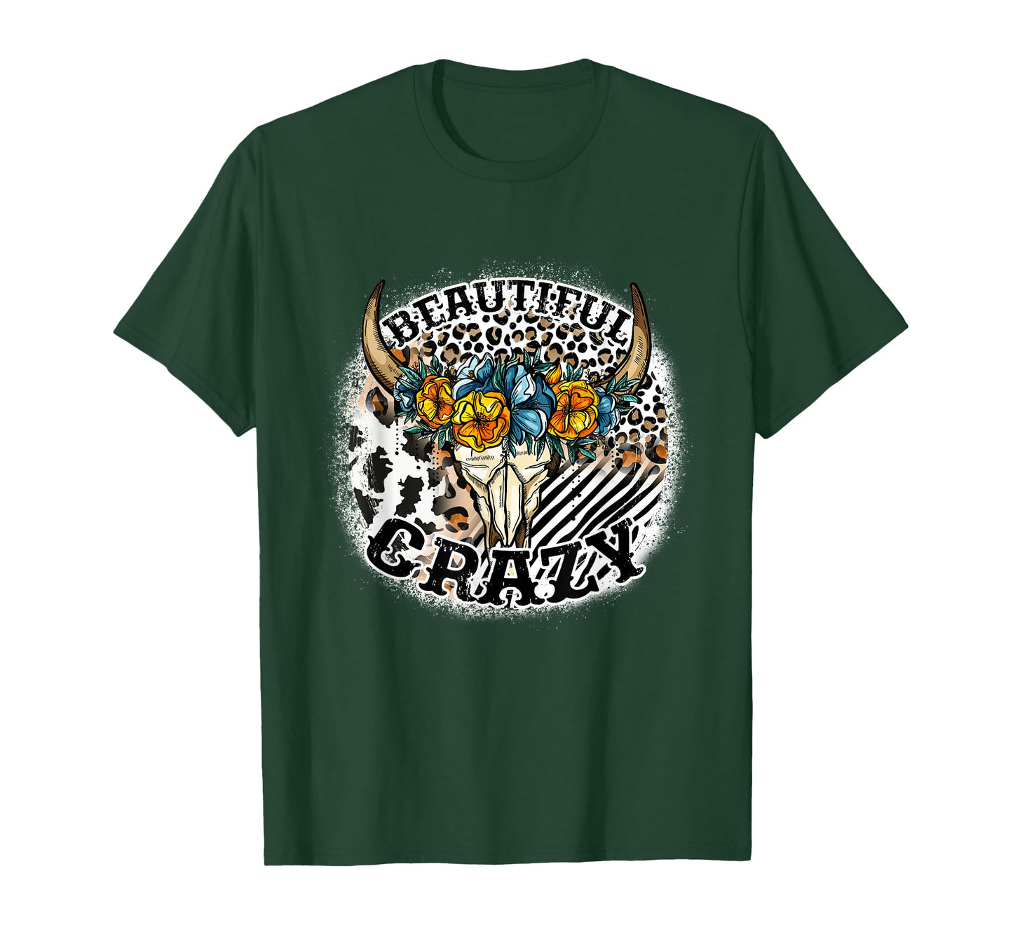 Beautiful Bull Skull Flower Crazy Cow Skull Leopard-Print T-Shirt