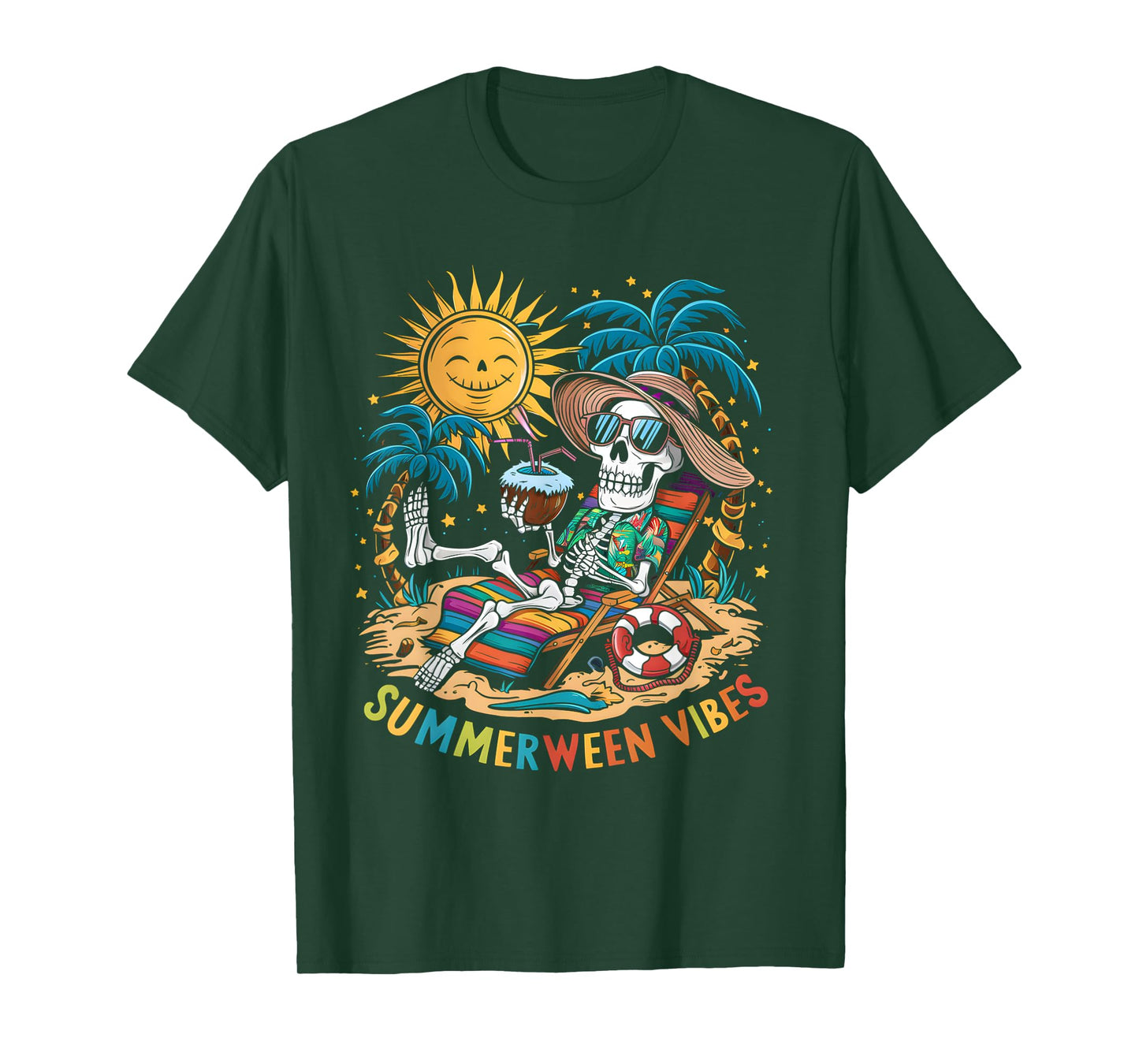 Funny Summerween Vibes Skeleton Summer Vacation Beach Men Women T-Shirt