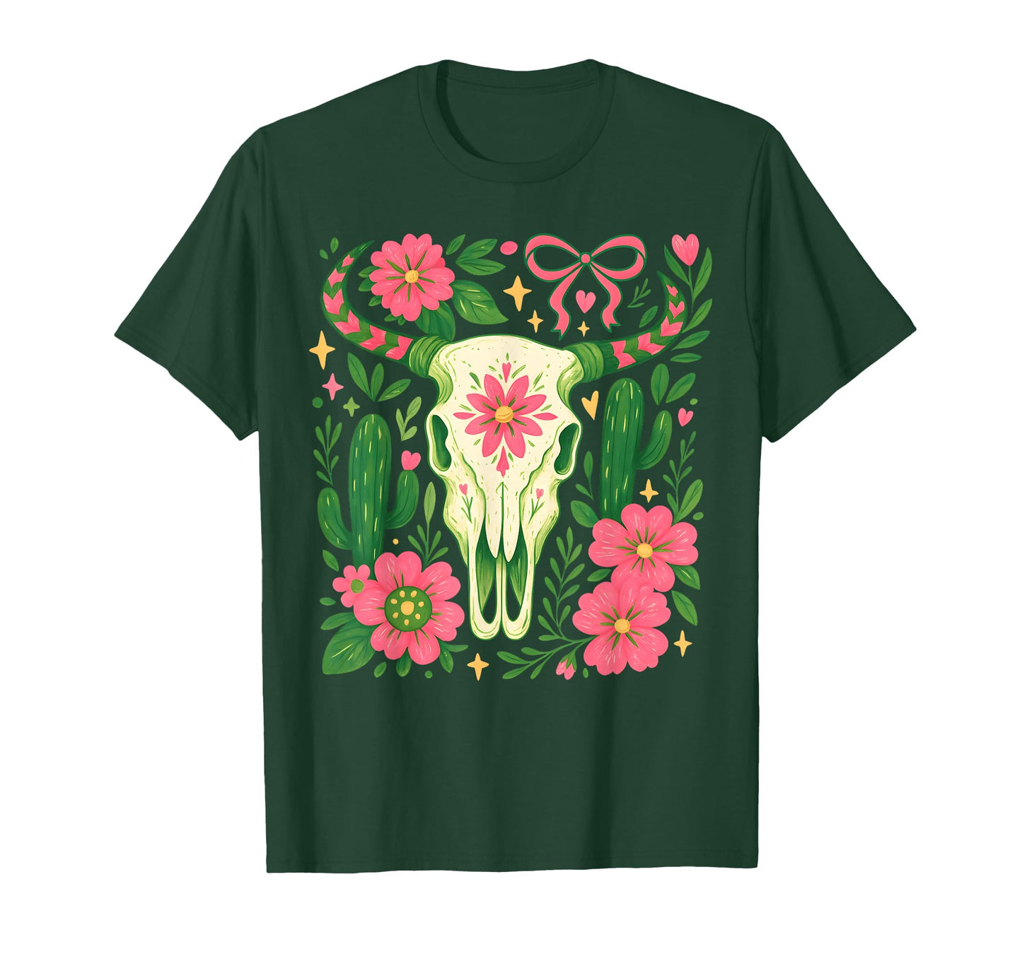 Boho Cow Bull Skull Boho Flowers Wild Western Cowgirl Texans T-Shirt