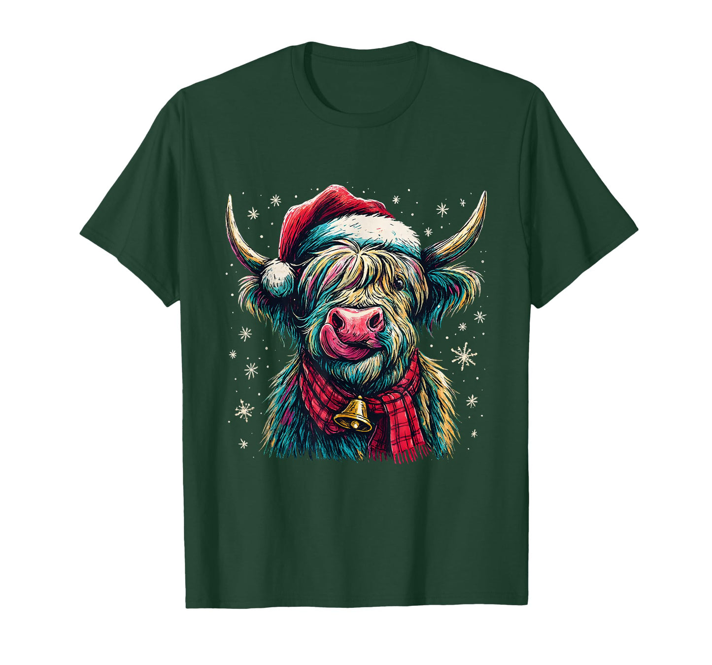 Highland Cow Christmas Santa Hat Plaid Bell Holiday Art T-Shirt
