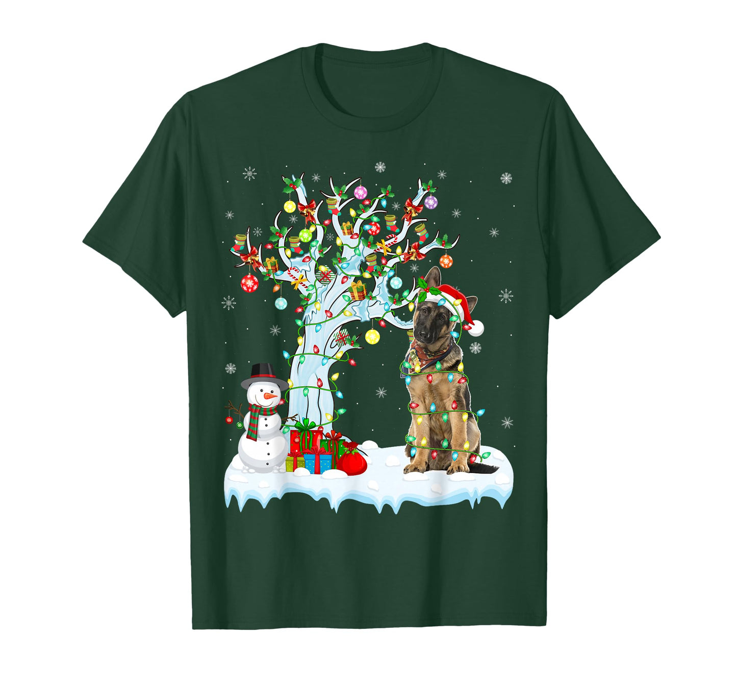Funny Xmas Tree Lighting Santa Hat German Shepherd Christmas T-Shirt