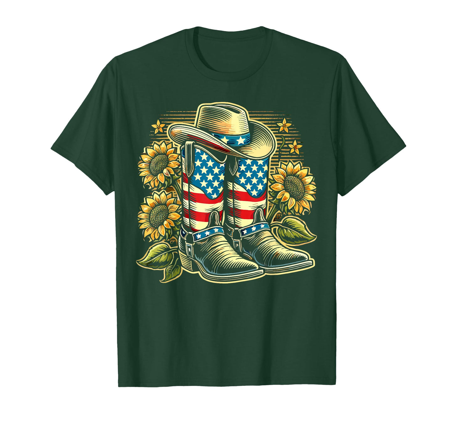 Cowboy Boots Hat American Flag Sunflower Country Western T-Shirt