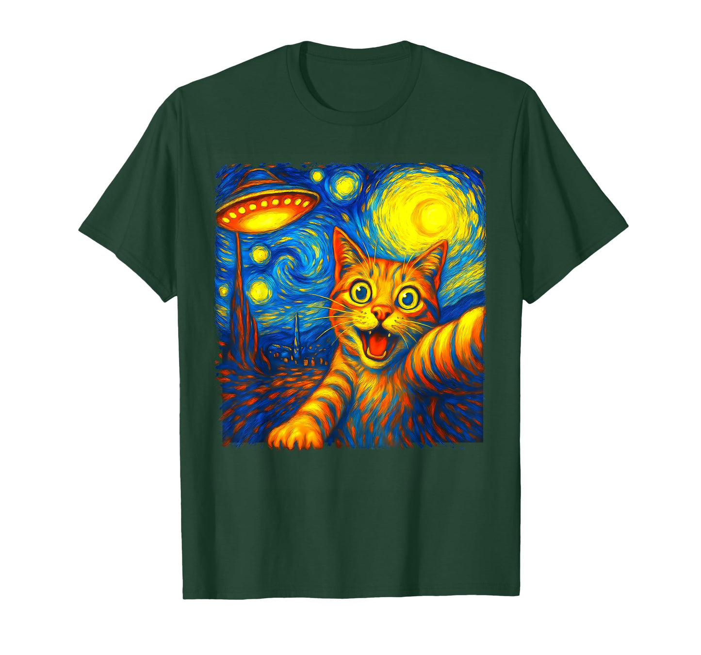 Cat Selfie With Alien UFO Funny Starry Night Van Gogh Men Women Kids T-Shirt