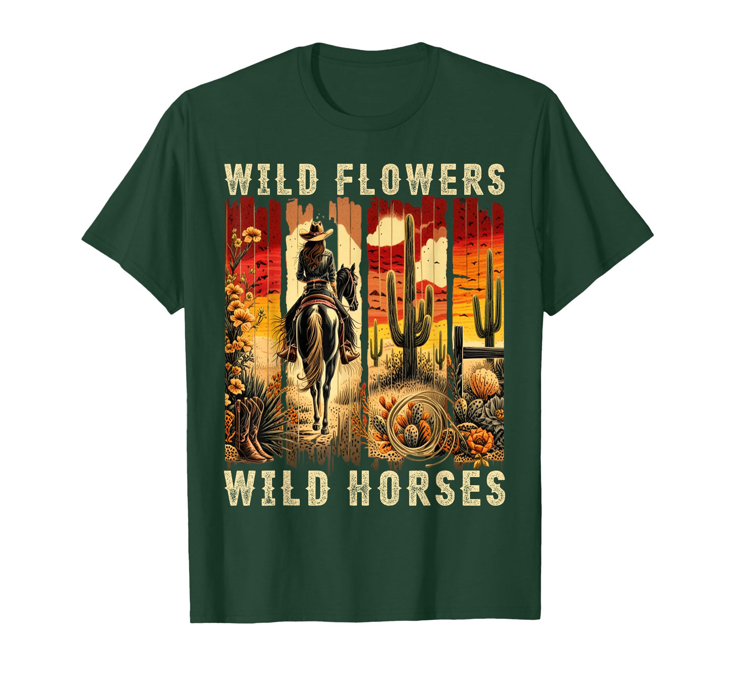 Wild Flowers Wild Horses Sunset Cowgirl Girls Women Nature T-Shirt