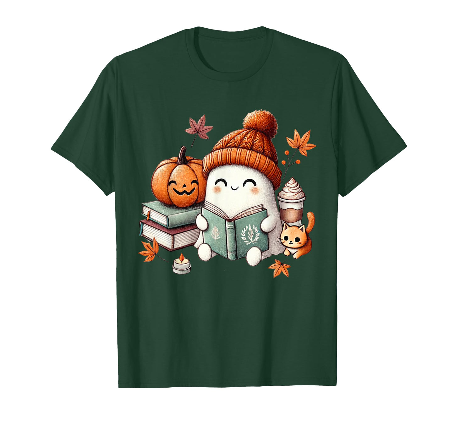 Cute Ghost Cat Reading Book Lovers Halloween Women Girls T-Shirt