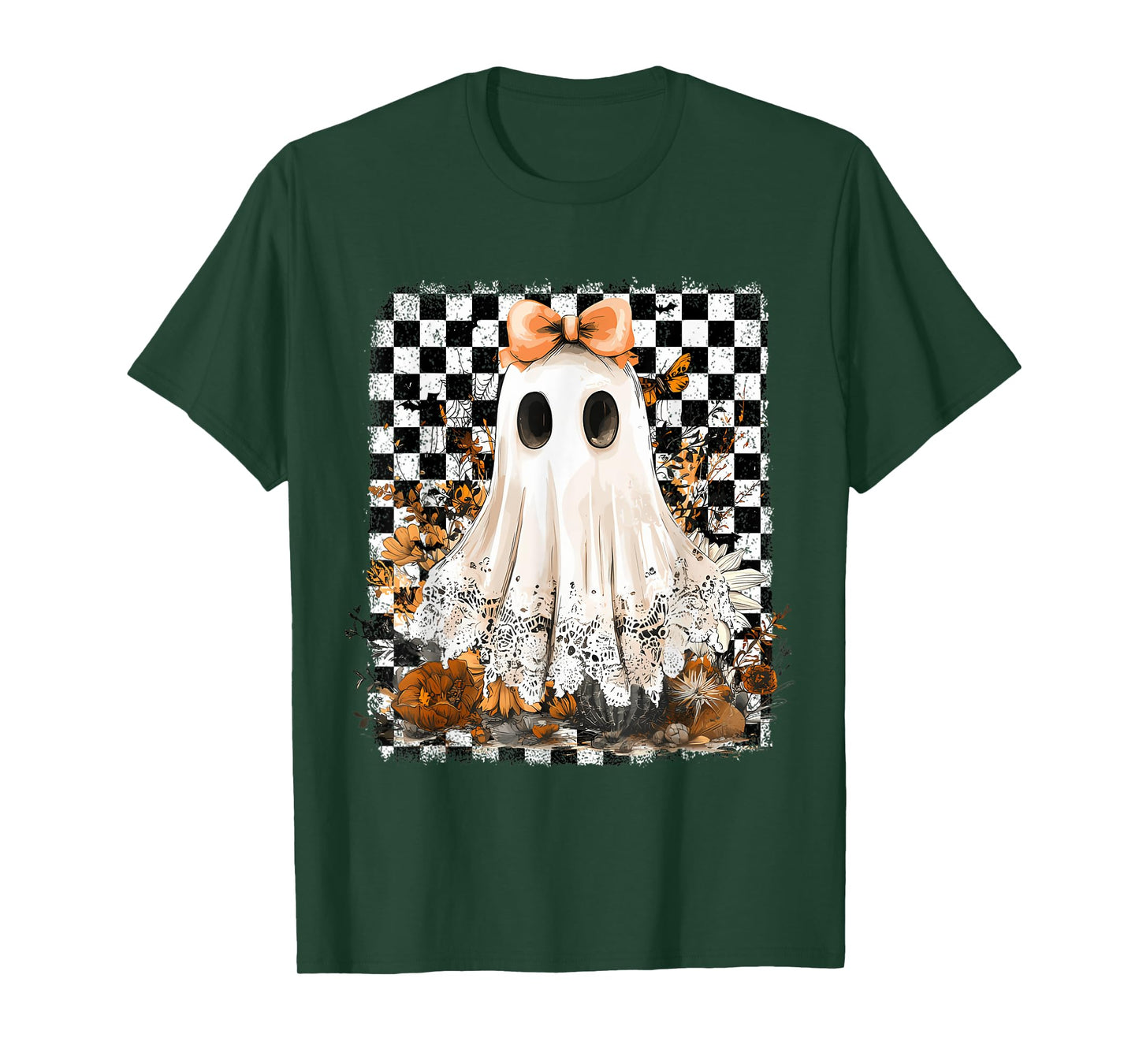 Cute Ghost Floral Lace Checkered Halloween Spooky T-Shirt