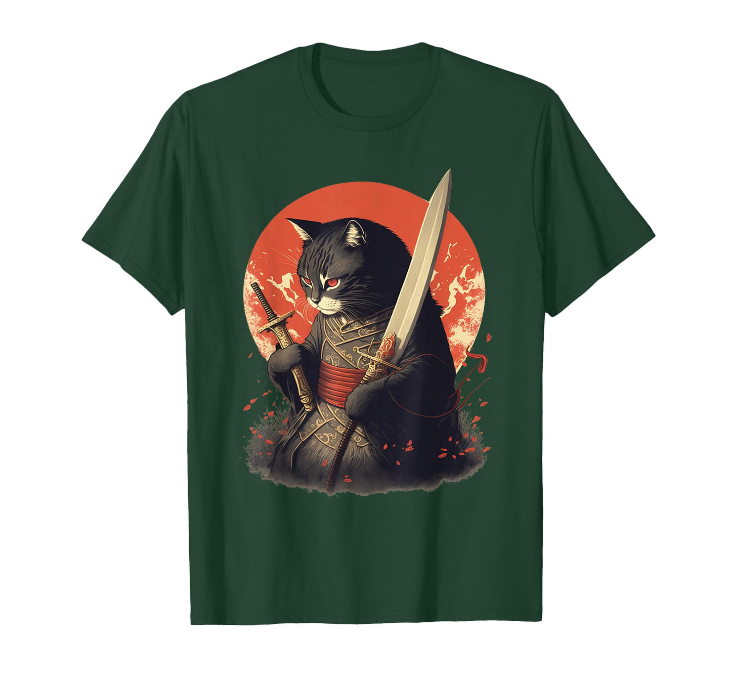 Retro Japanese Samurai Ninja Cat Kawaii Tattoo Graphic Style T-Shirt