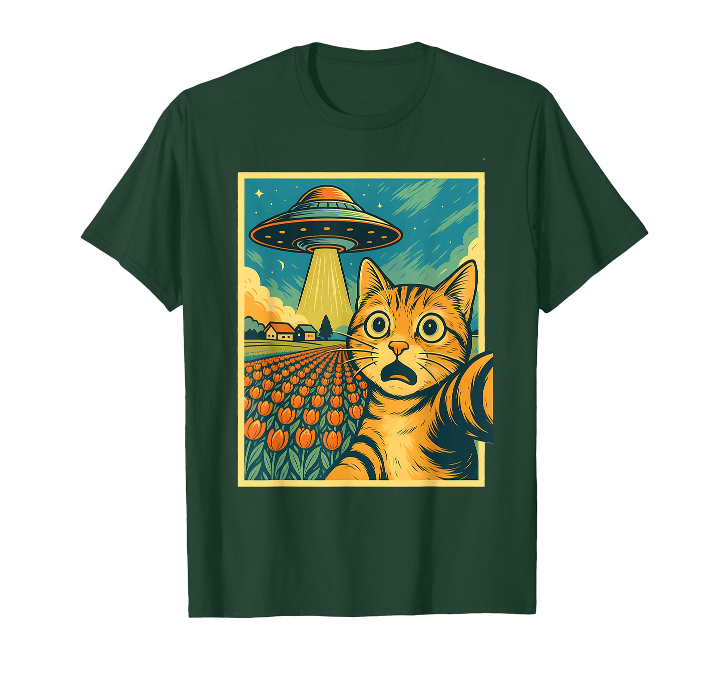 Cat Selfie With Alien UFO Tulip Funny Anime Kawaii Graphic Men Women Kids T-Shirt