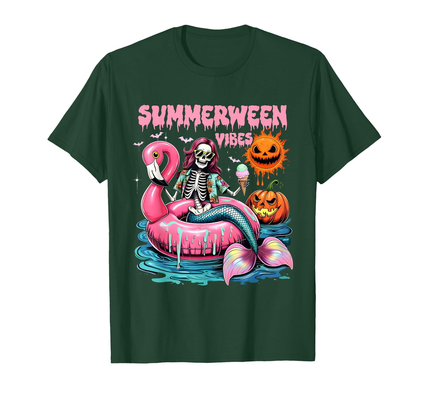 Summerween Vibes Spooky Summer Mermaid Skeleton Halloween T-Shirt