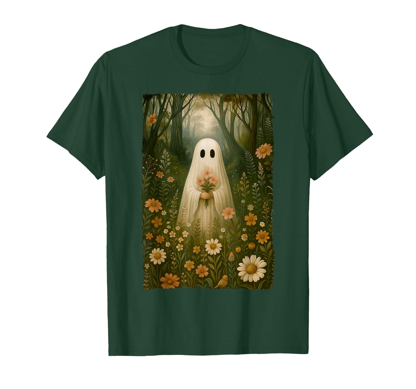 Vintage Halloween Cute Ghost Floral In The Forest Women T-Shirt