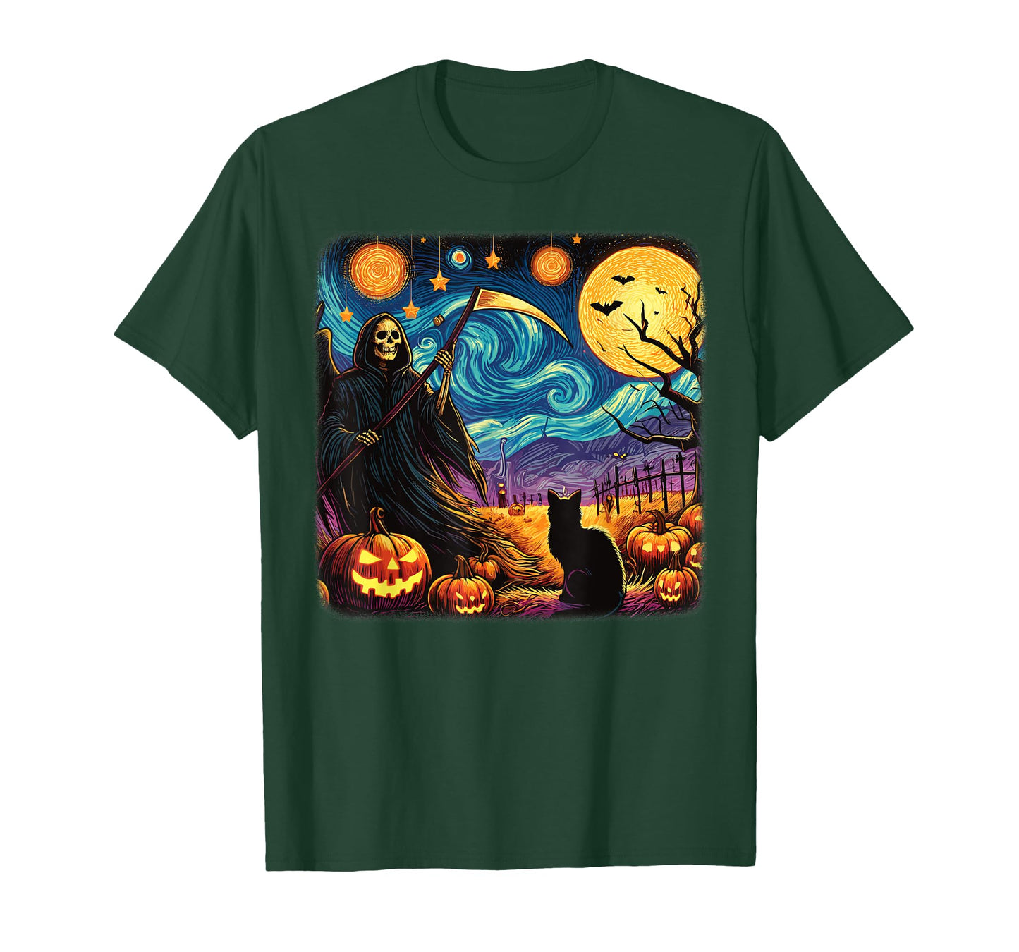 Halloween Van Gogh Starry Night Grim Reaper Pumpkins Cats T-Shirt