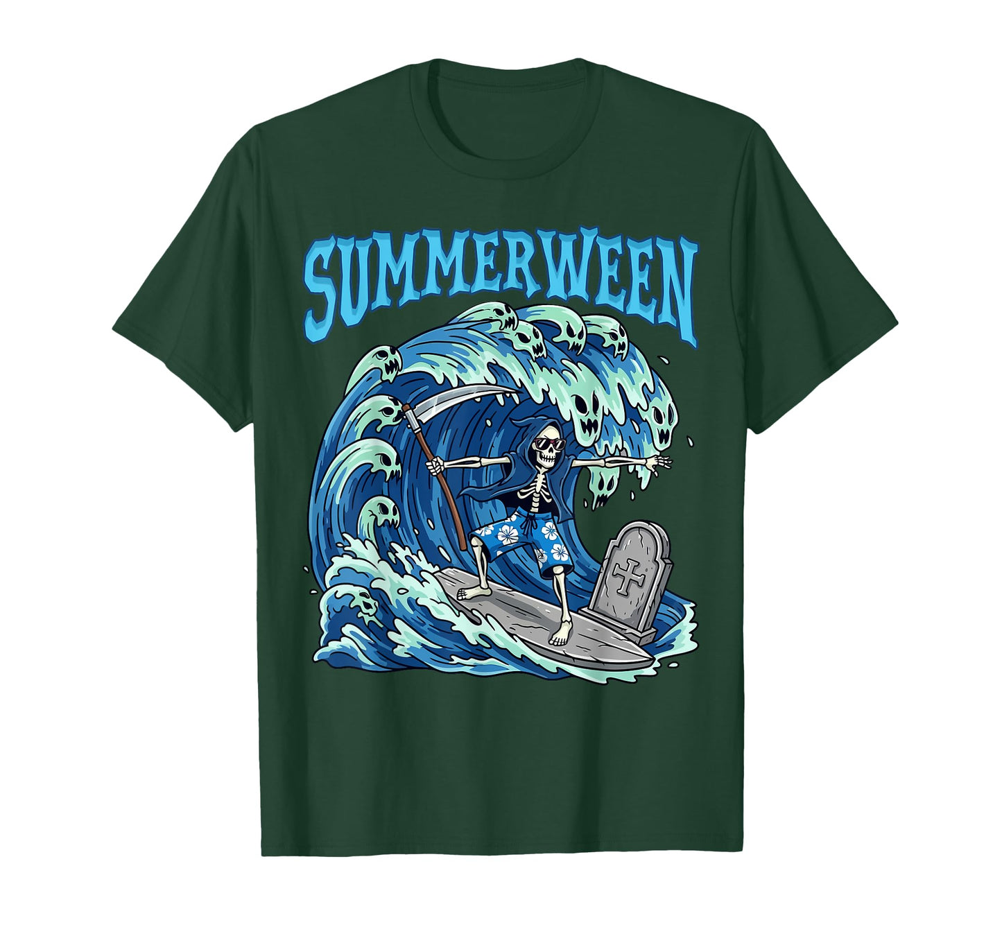 Summerween Skeleton Surf Grim Reaper Beach Spooky Halloween T-Shirt