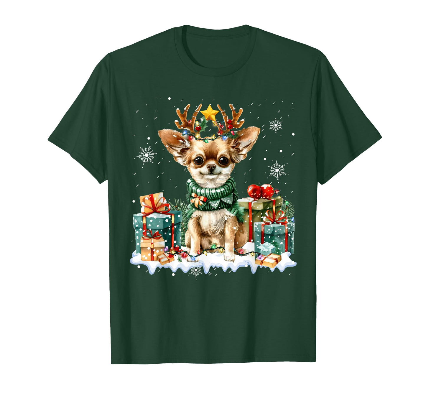 Reindeer Dog Christmas Lights Chihuahua Santa Hat Xmas Funny T-Shirt