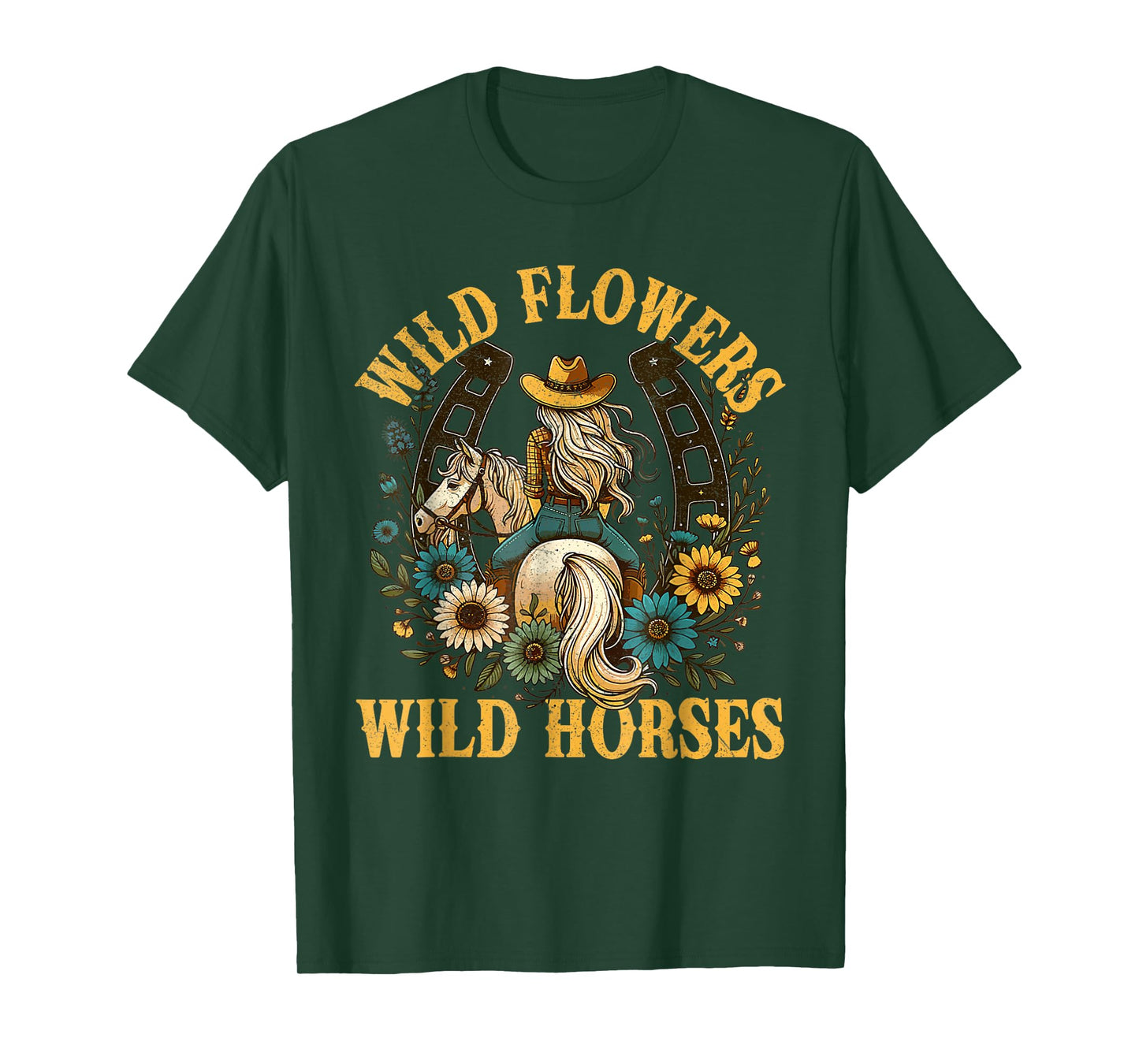Retro Southern Sunset Cowgirl Wild Flowers Wild Horses T-Shirt