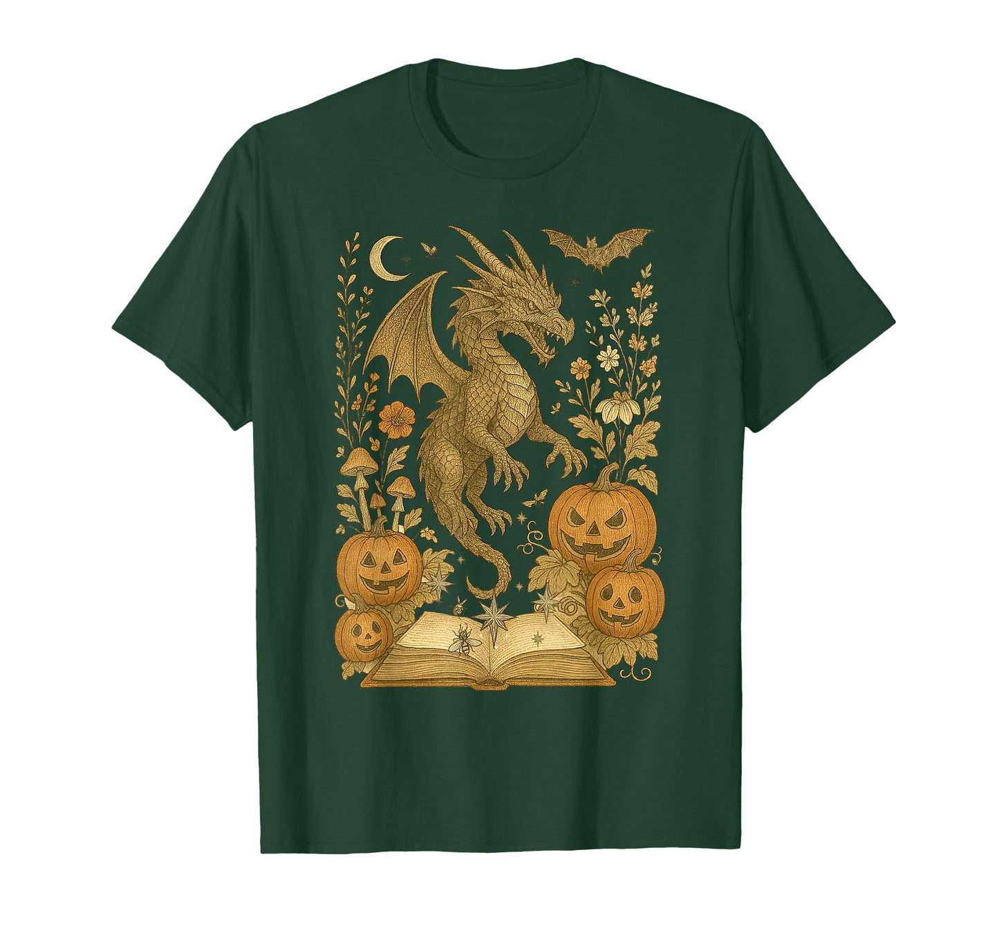 Retro Floral Dragon Book Pumpkin Spooky Reading Halloween T-Shirt
