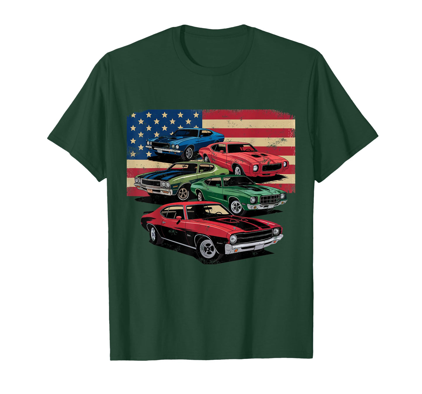 Vintage Classic Cars Muscle Car American Flag Patriotic T-Shirt