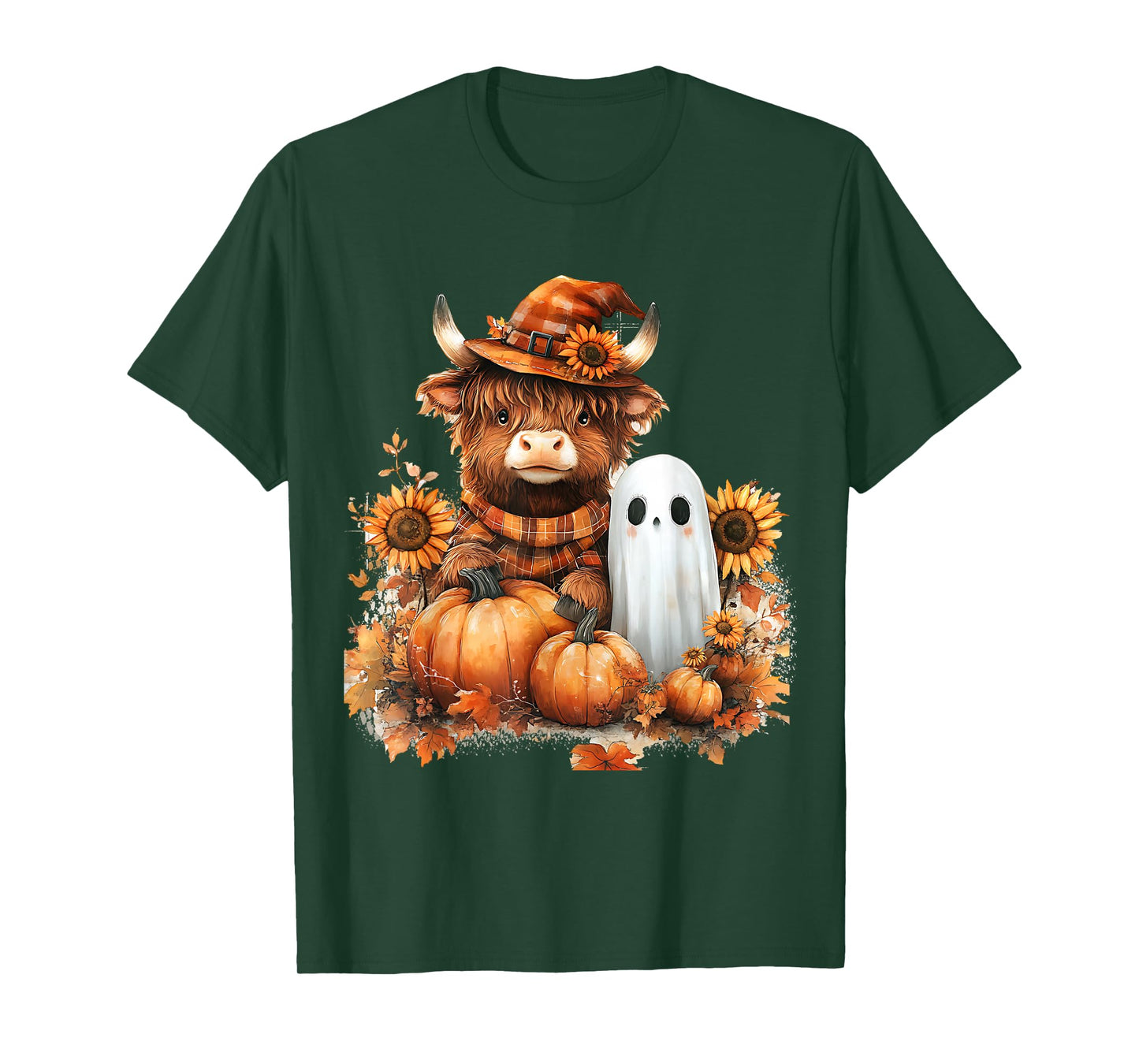 Highland Cow Ghost Pumpkin Sunflower Fall Cute T-Shirt