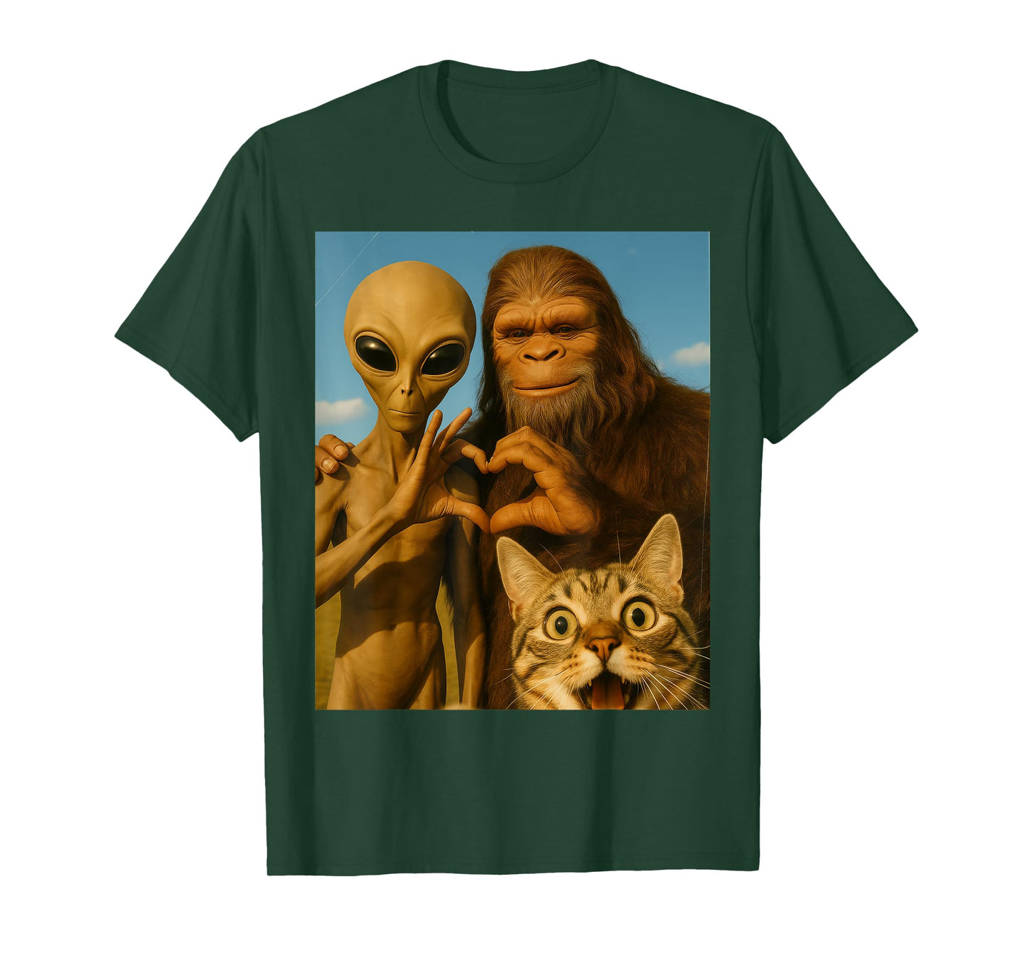 Funny Cat Selfie With Bigfoot Alien Gifts For Men Women Kids T-Shirt