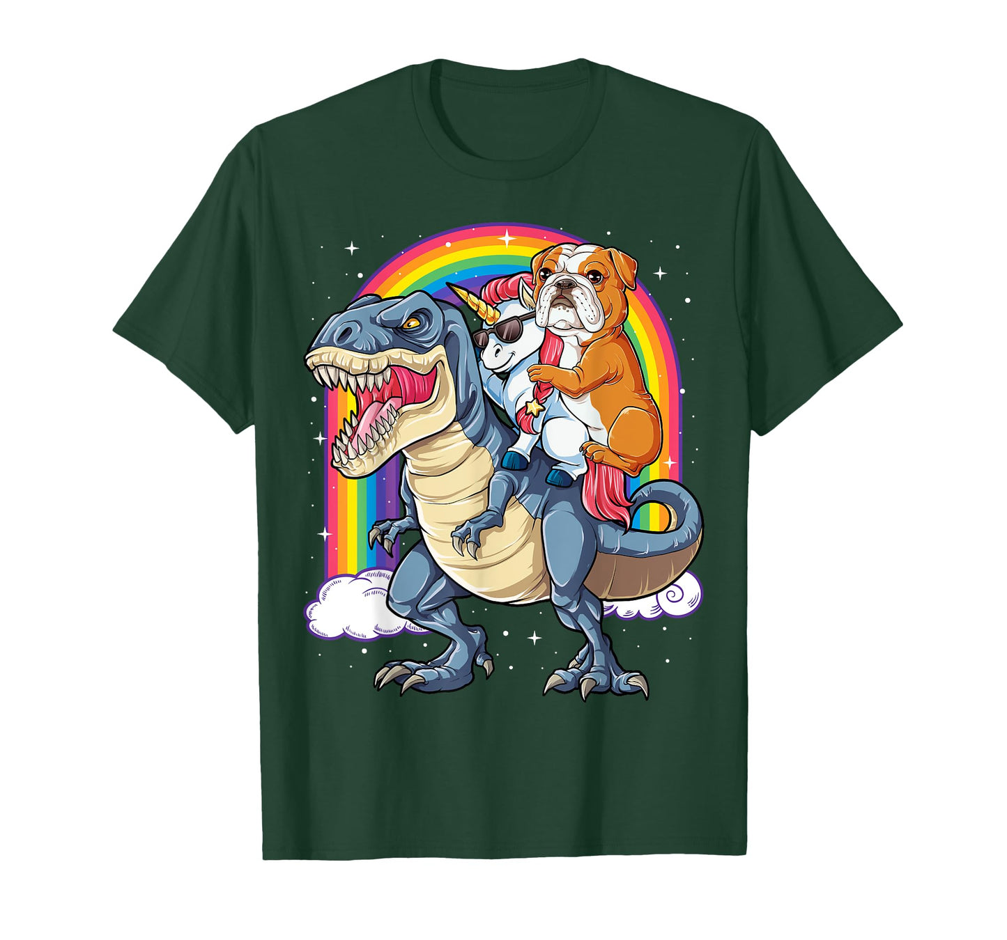 English Bulldog Unicorn Riding Dinosaur T-rex Gifts Girls T-Shirt