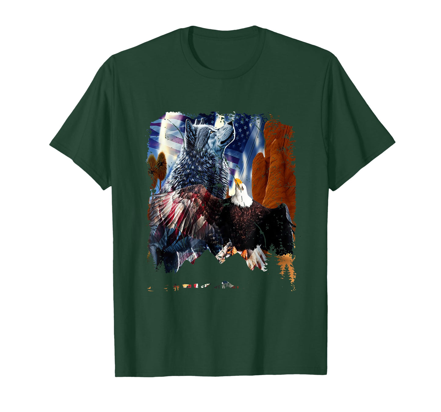 Wolf With Bald Eagles American Flag Patriotic Independence Women Men T-Shirt