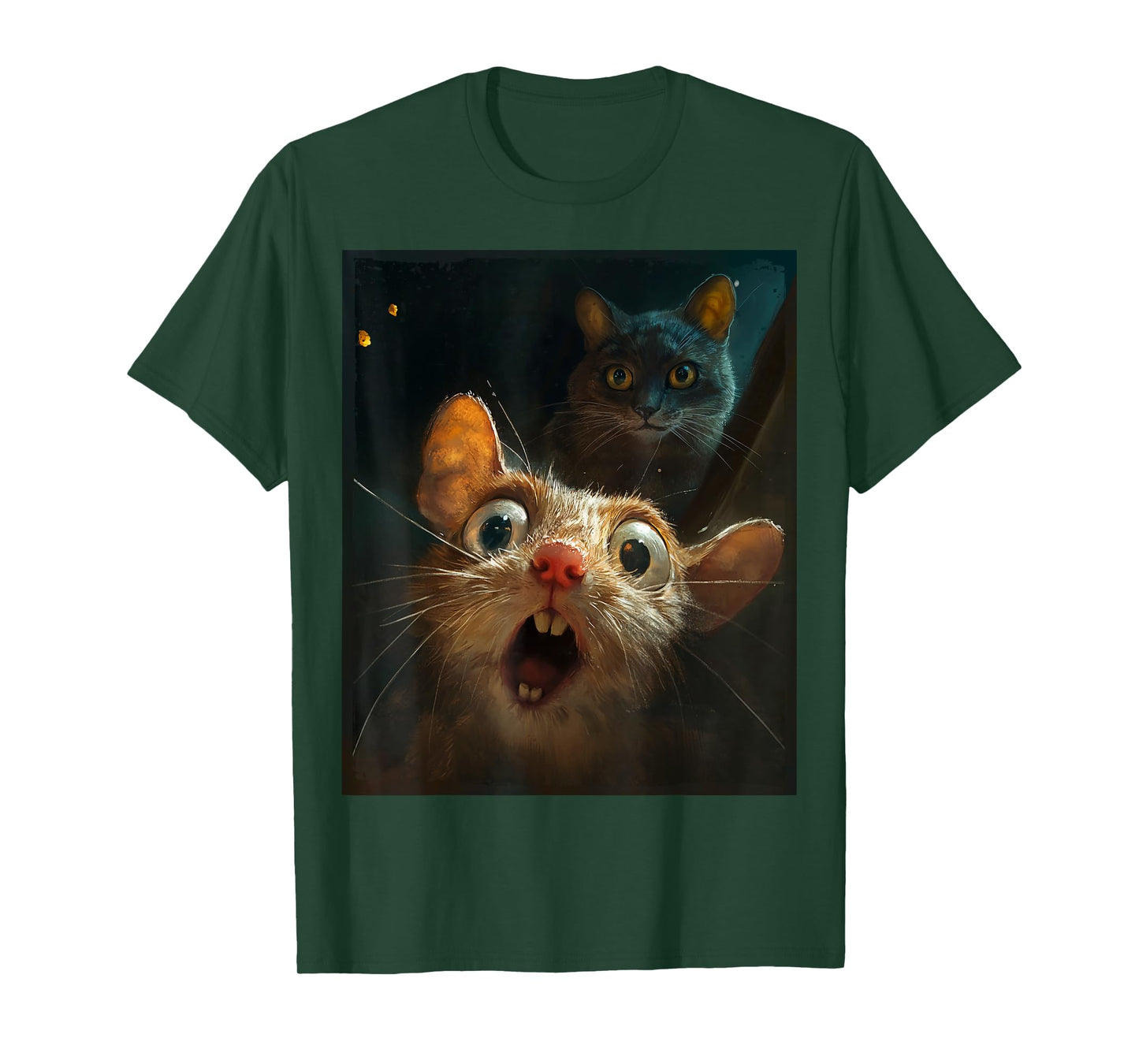 Funny Surprised Scared Mouse Selfie in Front of Sneaky Cat T-Shirt
