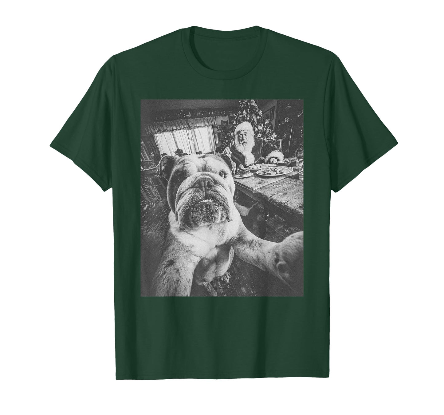 Funny AI English Bulldog Selfie with Santa Claus Christmas T-Shirt